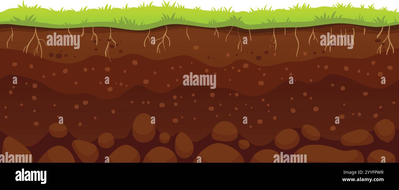 Cartoon-Illustration von Bodenschichten mit Gras oben, Wurzeln sichtbar unter der Erde und Steine am Boden, die ein gesundes Ökosystem darstellen Stock Vektor