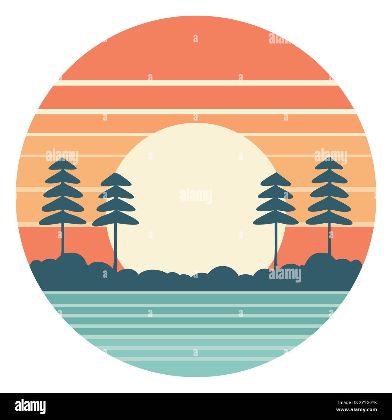 Retro-Style Sunset Illustration: Eine minimalistische Forest Silhouette in Orange und Teal Stock Vektor