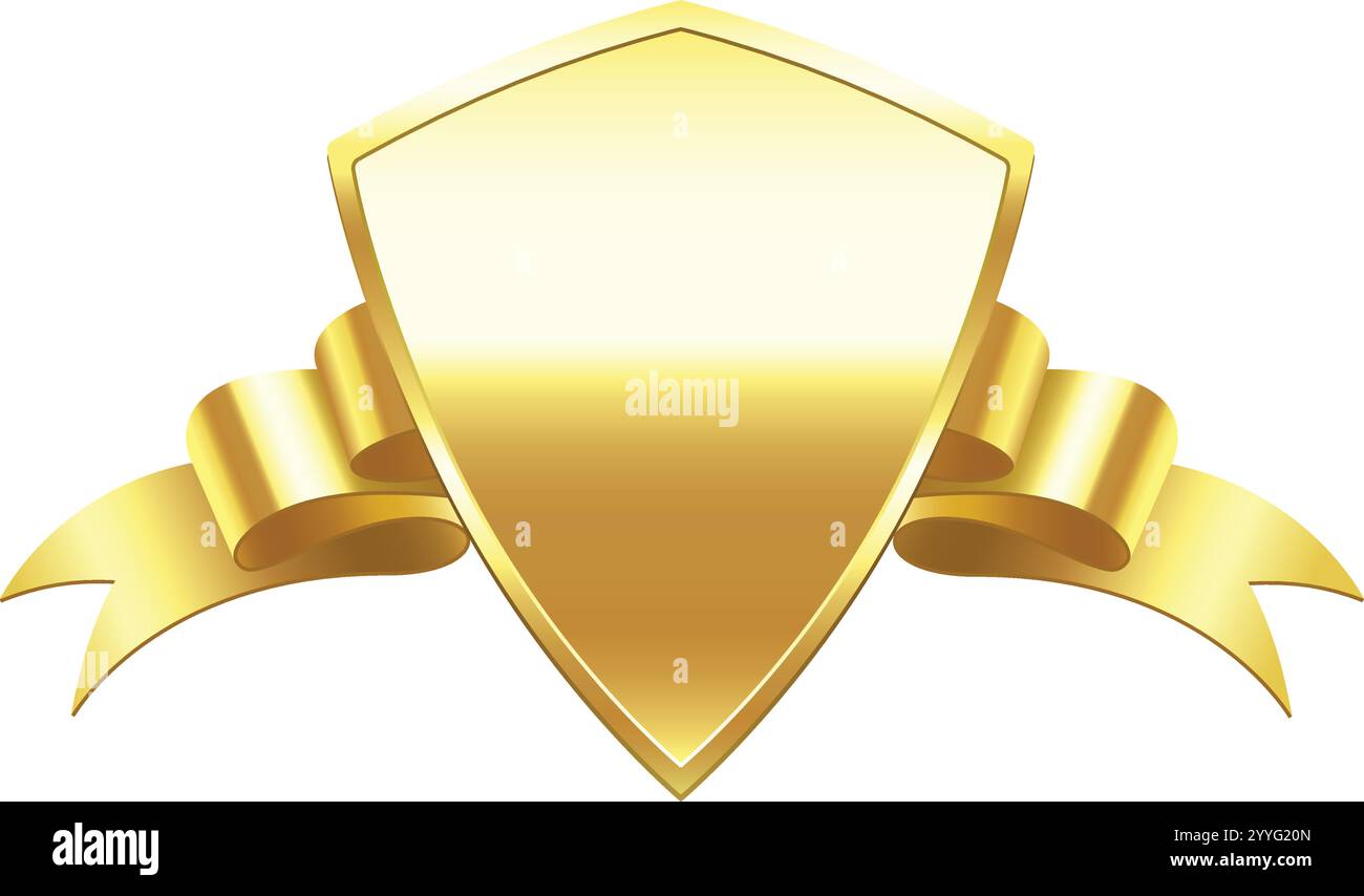 Goldener Schild mit einem Band, das sich um ihn wickelt und Konzepte wie Sicherheit, Prestige, Auszeichnung, Anerkennung und Leistung vermittelt. geeignet für verschiedene Stock Vektor