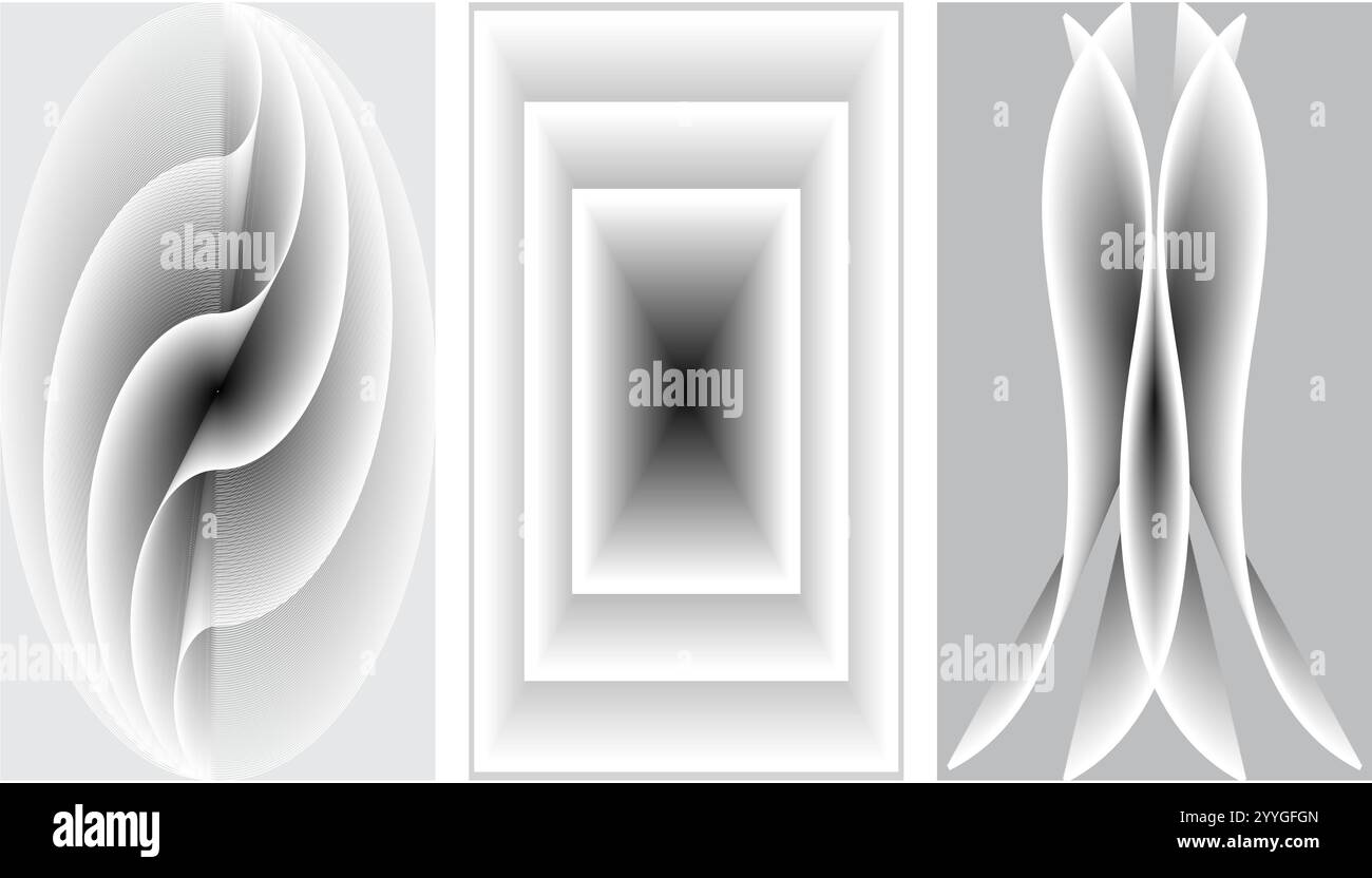 Drei vertikale abstrakte Hintergrundbilder mit weißen und grauen Objekten Stock Vektor