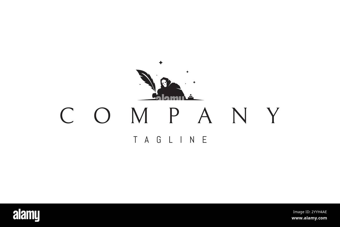 Vektor-Logo mit einem abstrakten Bild des Todes, der mit einem Stift in der Hand an einem Tisch sitzt. Stock Vektor