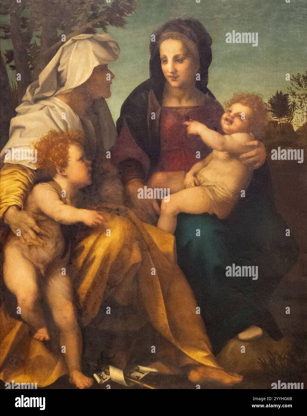 Andrea del Sarto, Madonna und Kind mit der heiligen Elisabeth und dem Täufer; um 1513. Italienischer Maler der Hochrenaissance aus dem 16. Jahrhundert. 1500er Jahre Öl auf Holz. Stockfoto