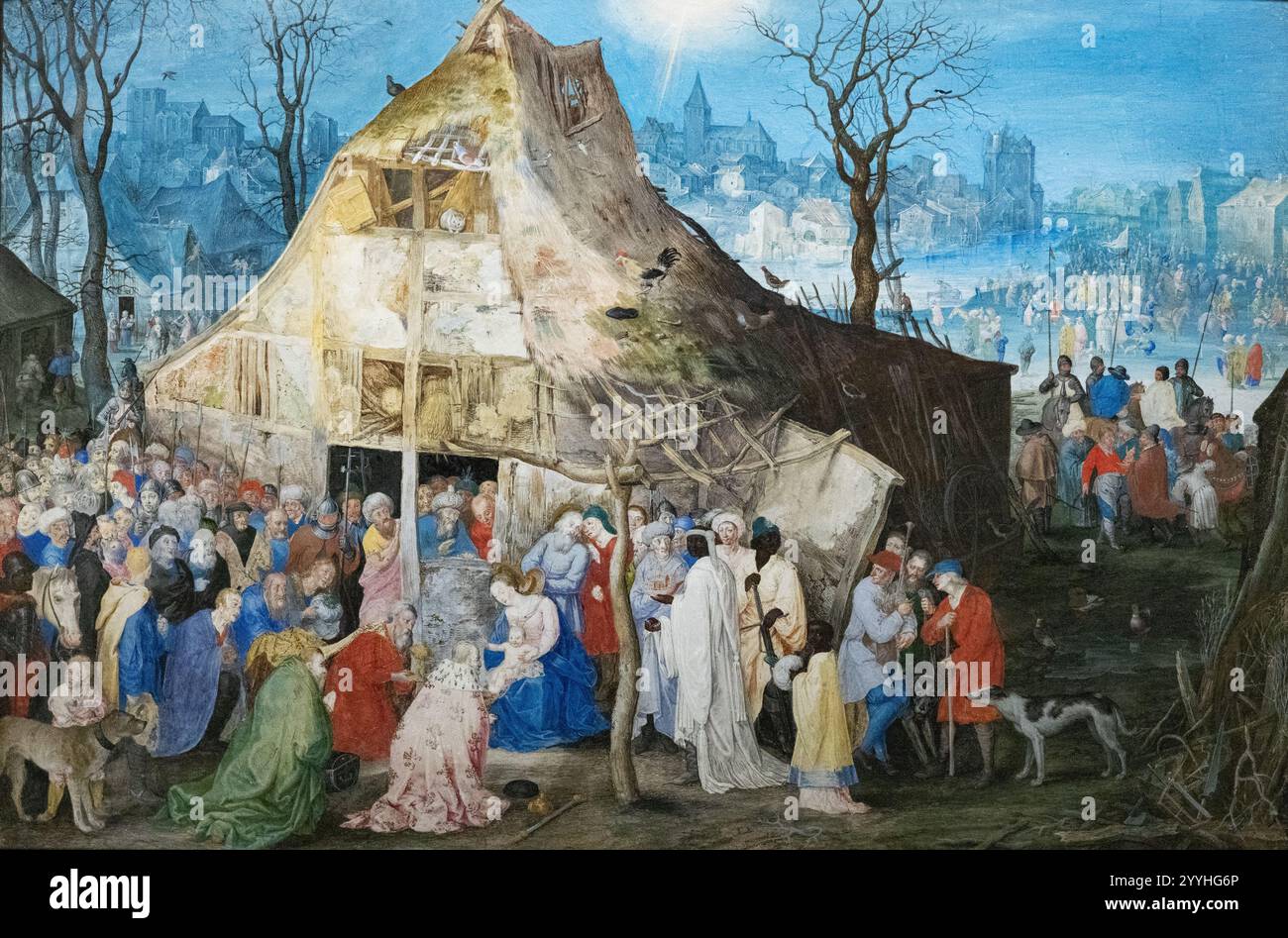 Jan Brueghel der ältere; die Anbetung der Könige, 1598, Körperfarbe auf Pergament; die Geburt Christi in Bethlehem, Religionsgeschichte; flämischer Maler Stockfoto