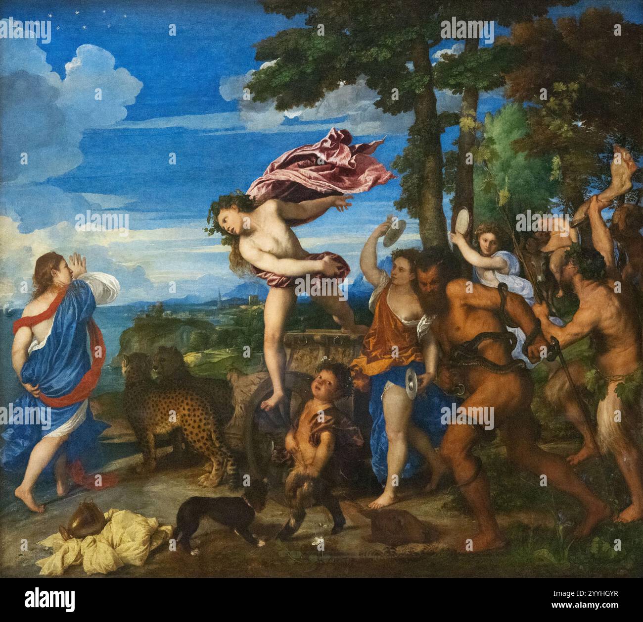 Tiziano Vecelli oder tizianisches Gemälde „Bacchus und Ariadne“ 1520–23; italienisches Renaissancemalerei aus dem 16. Jahrhundert; Nationalgalerie. Stockfoto