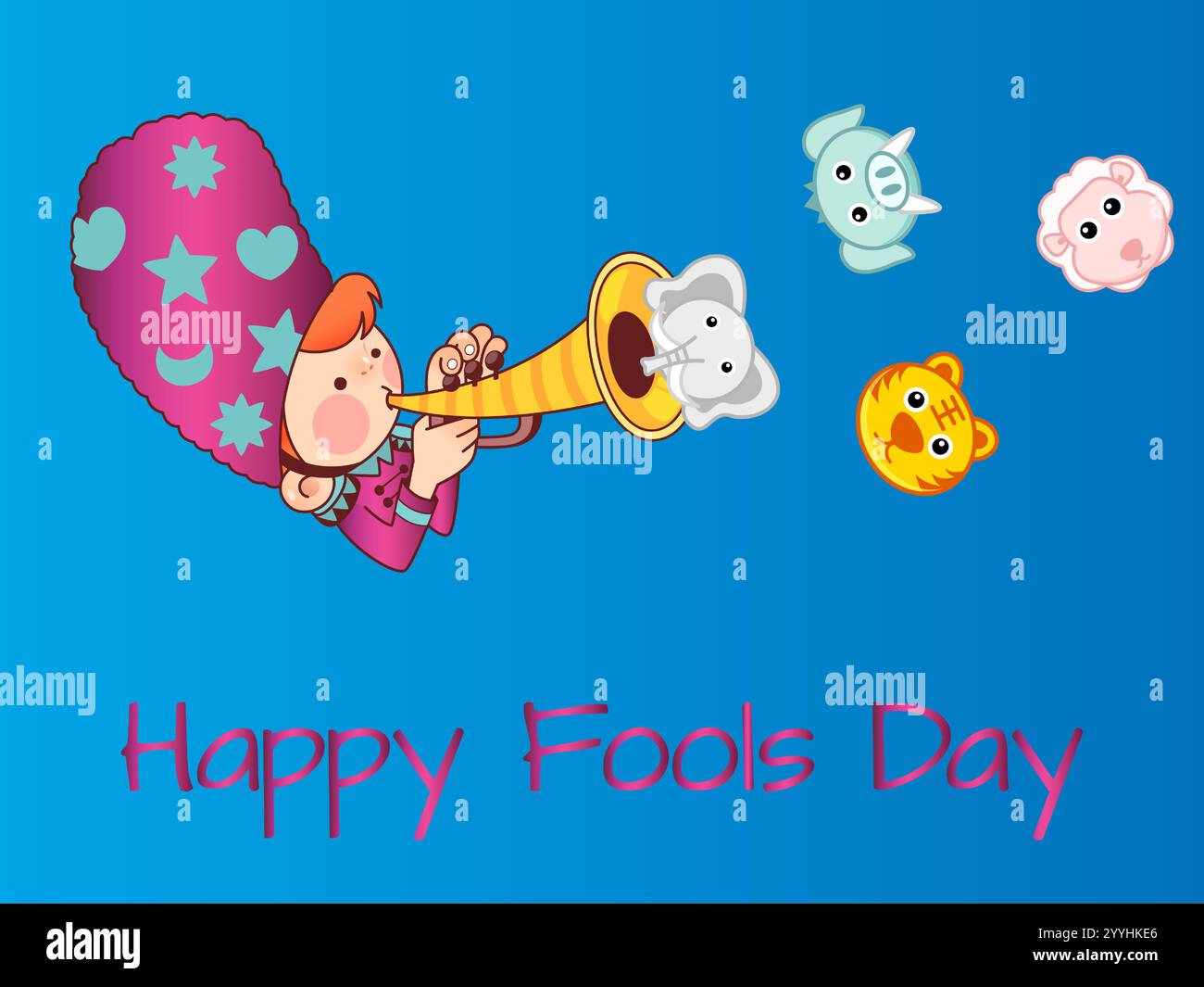Cartoon eines Mädchens, das Posaune mit einer Gruppe von Tieren spielt. Der Hintergrund ist blau und der Text sagt Happy Narols Day. Verspielter Humor Zum April-Narrentag Stock Vektor