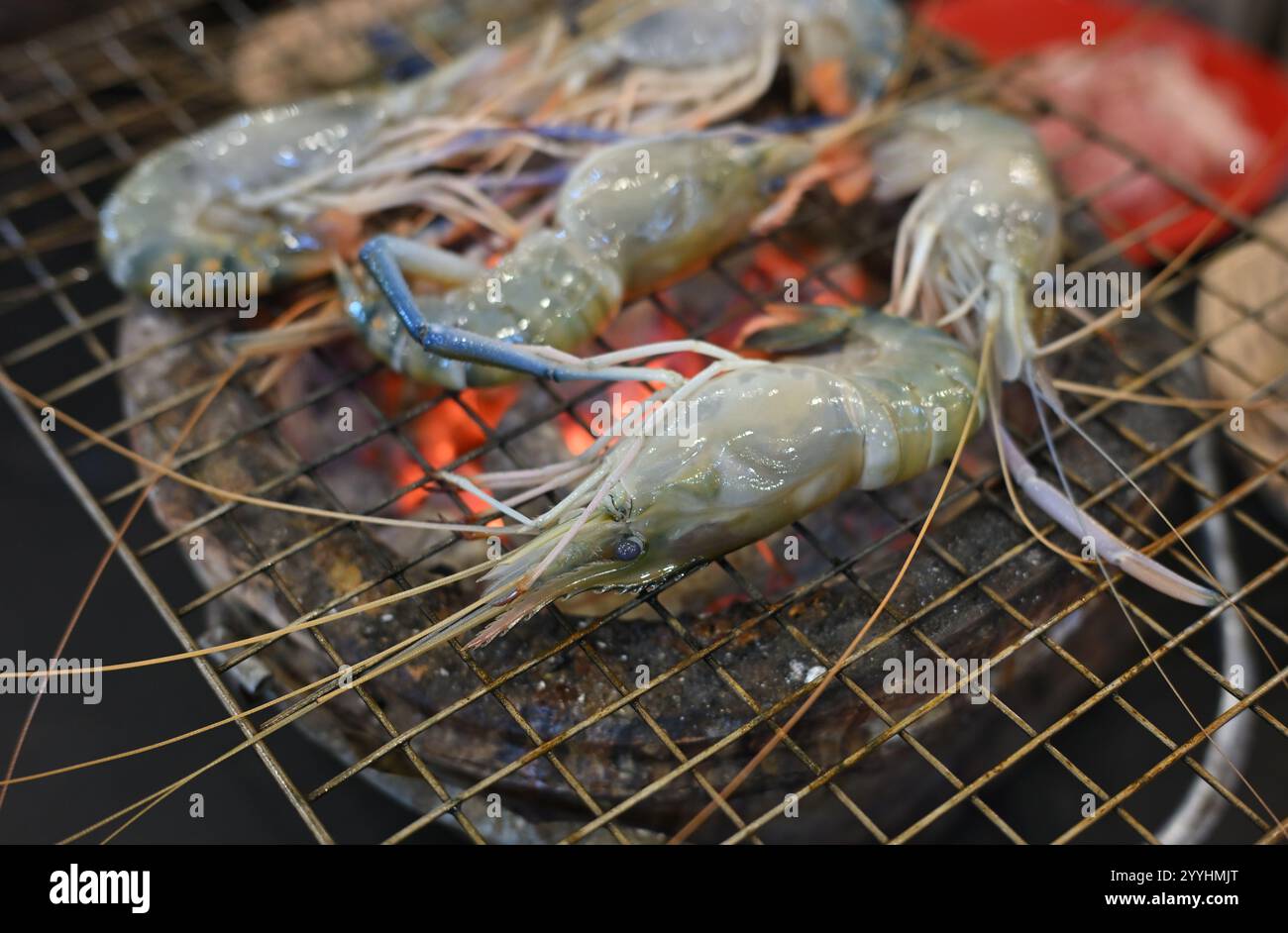 Grillgarnelen auf brennender Holzkohle Stockfoto