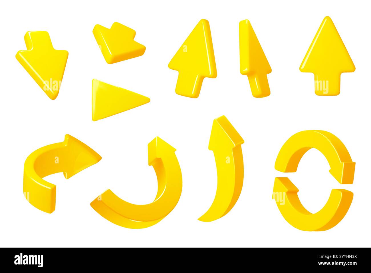 3D-Pfeile und Zeiger. Gelbe interaktive Cursor, verschiedene Richtungen und Formen, Drehungen, kreisförmig, nach oben, nach unten, voluminöser Stil, Zeichentrickfilme glänzend Stock Vektor