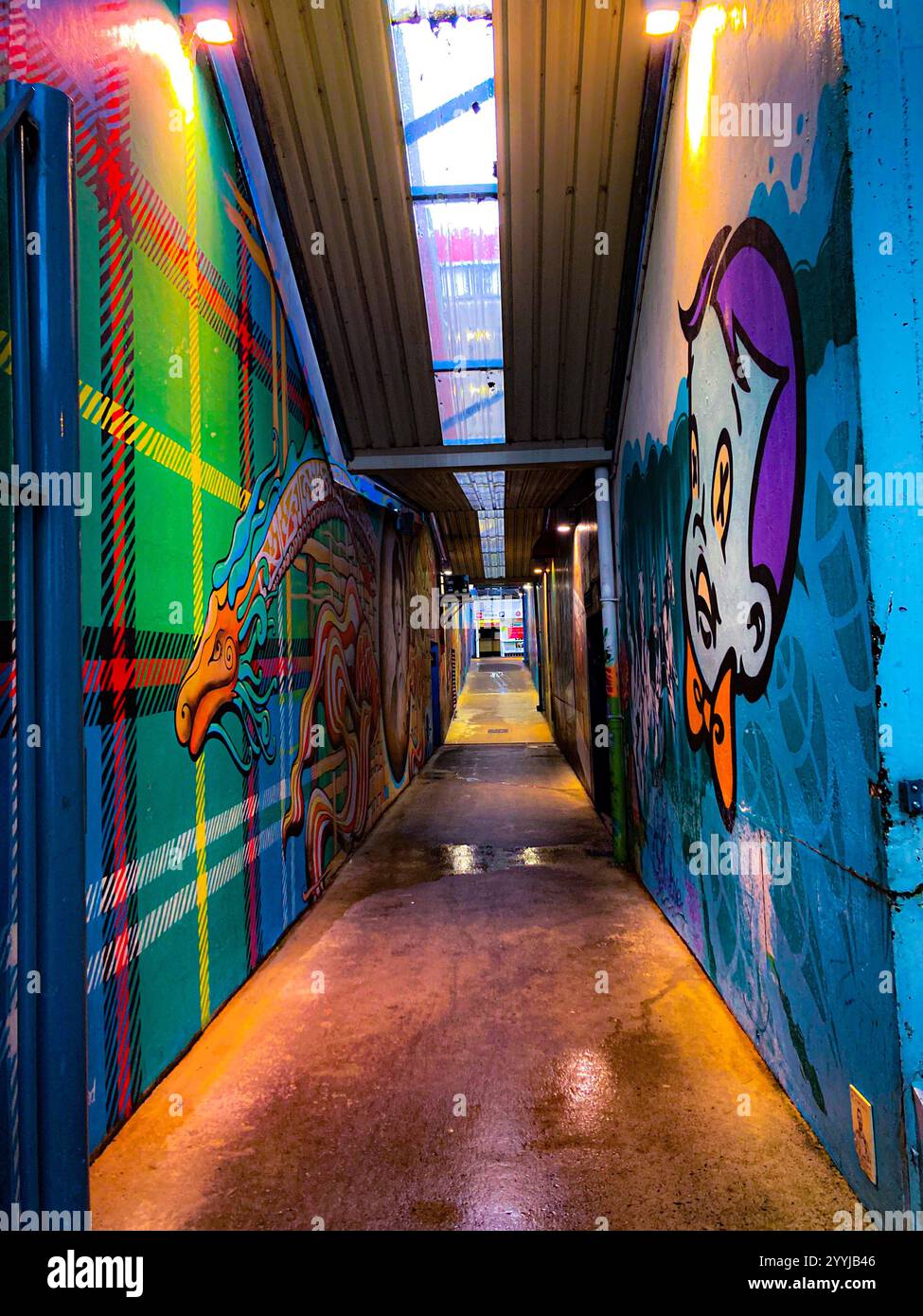 Eine enge Passage, umgeben von künstlerisch bemalten Wänden – ein verstecktes Juwel in einer ruhigen Stadt. - Smartphone-aufgenommenes Stockfoto