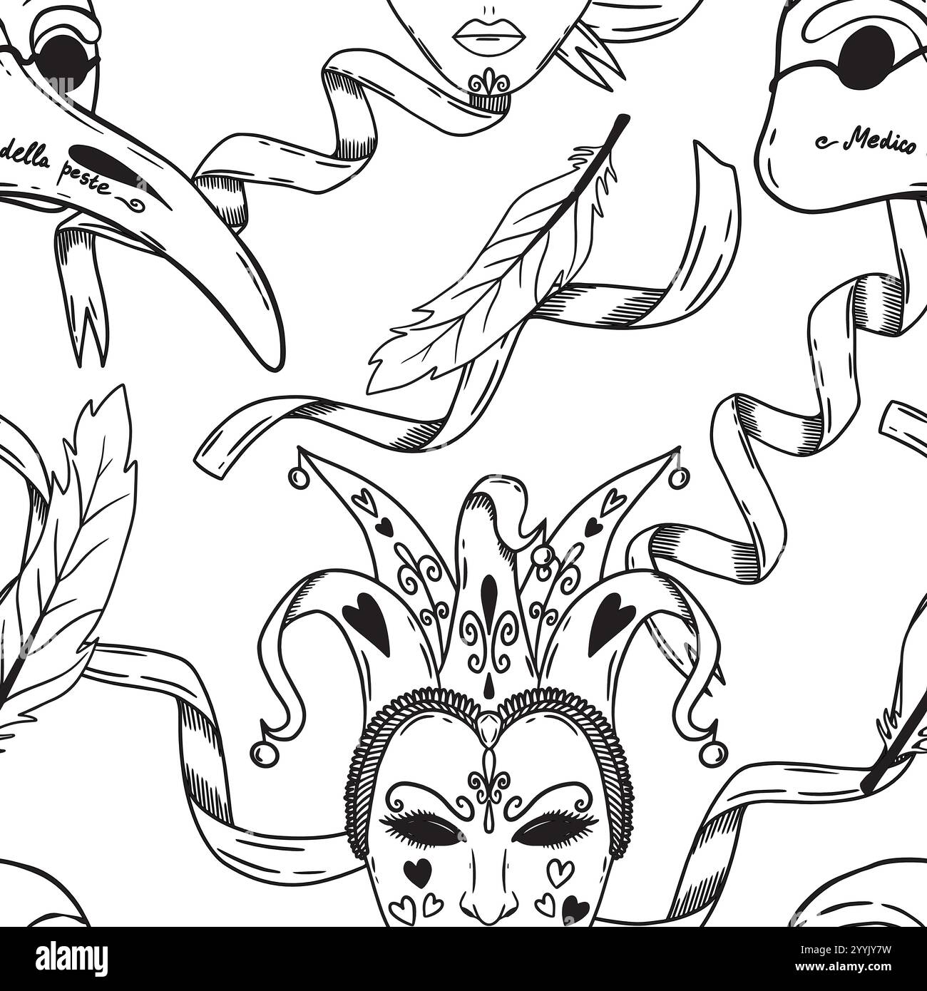 Ein skurriles Design mit verspielten Masken, Federn und fließenden Bändern, ideal für künstlerische Projekte. Handgezeichnete Vektor-Schwarzweiß-Grafiken in Strichgrafik zum Drucken auf Papier und Stoff. Stock Vektor