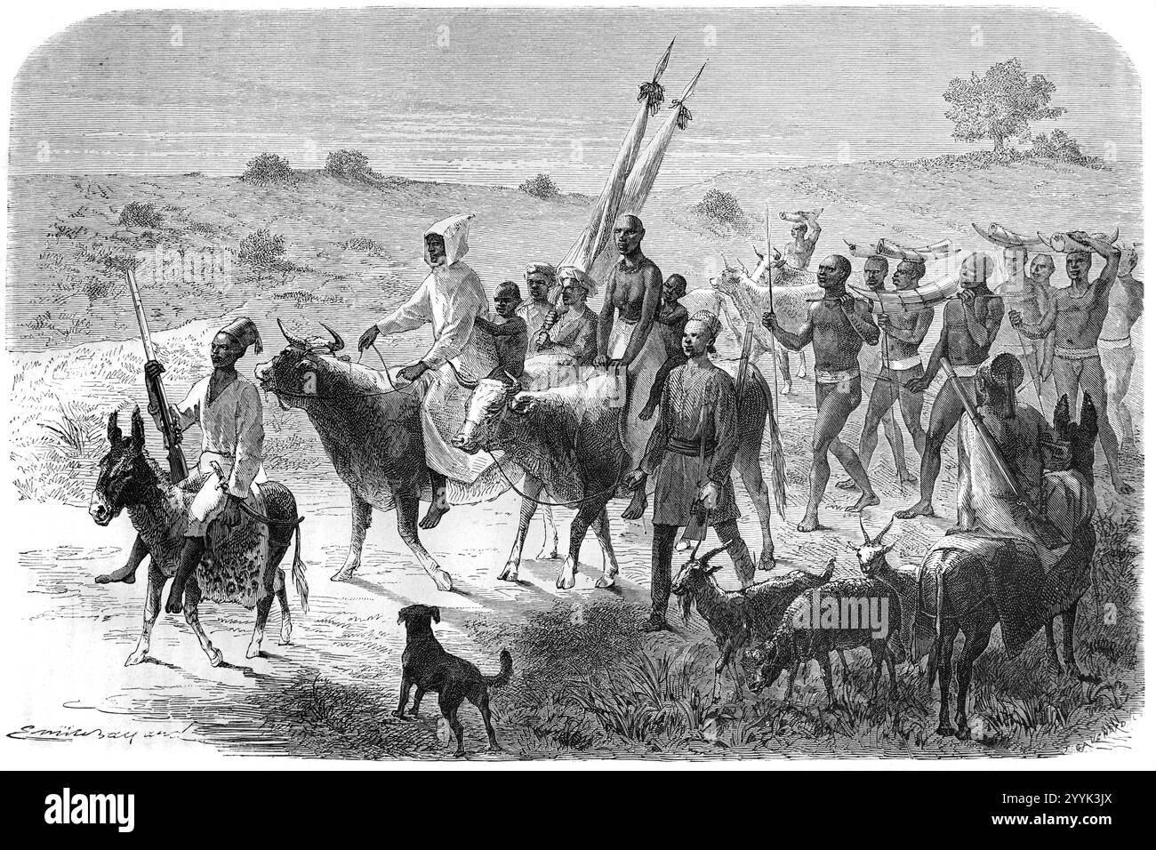 Osmanische türkische Händler oder Türken mit afrikanischen Portern, die Elfenbeinstoßzähne oder Hörner tragen, auf dem Weg nach Gondokoro, einer Handelsstation oder Handelsposten im Südsudan Zentralafrika. Vintage oder historische Gravur oder Illustration 1864 Stockfoto