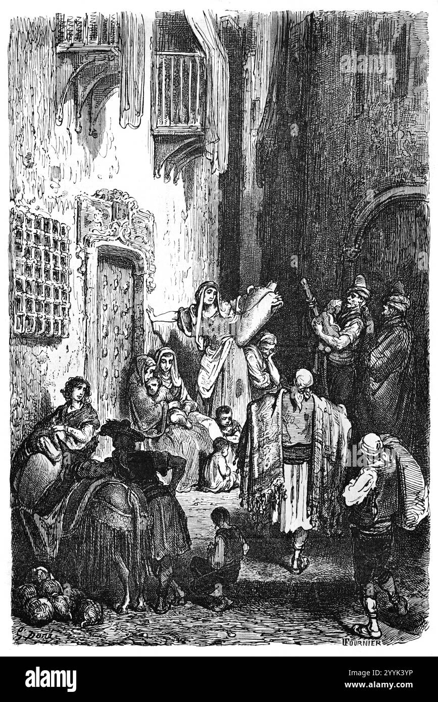 Nachbarinnen und Nachbarn, die gesellig sind, oder animierte Straßenszene in der Altstadt oder im historischen Viertel von Albacete Spanien. Vintage oder historische Gravur oder Illustration von Gustave Doré 1864 Stockfoto