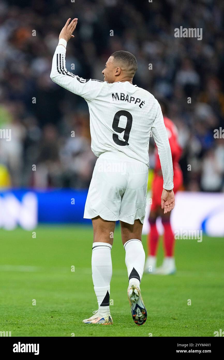 Kylian Mbappe of Real Madrid celebrates a goal during the Spanish League, LaLiga EA Sports, football match played between Real Madrid and Sevilla FC at Santiago Bernabeu stadium on December 22, 2024, in Madrid, Spain. AFP7 22/12/2024 (Europa Press via AP) Stockfoto