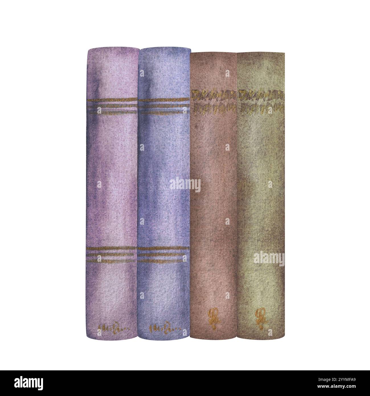 Ein Stapel Bücher zum Bücherregal, zum Lernen, Lesen und Lernen. Grüne, braune, blaue und lilafarbene Vintage-Bücher für ein Bücherregal. Handgezeichnetes Aquarelllicht Stockfoto