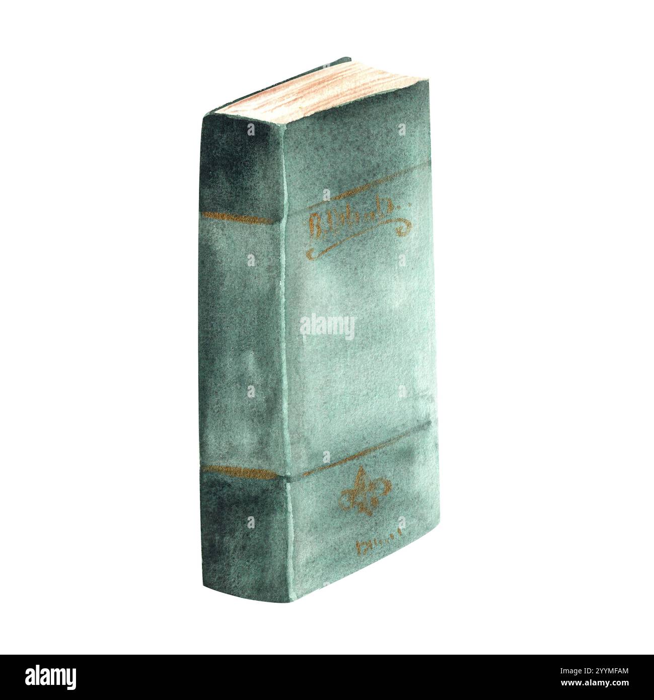 Vintage-Buch mit grünem Cover. Ein altes Buch zum Lernen, Lesen und Lernen. Handgezeichnete Aquarellillustration. Für Schreibwaren, Scrapbooking, Post Stockfoto