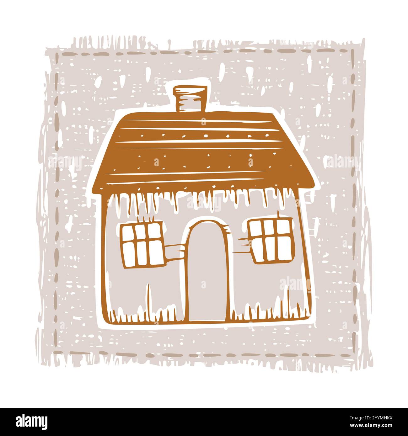 Skurrile schneebedeckte Hüttentür mit festlichem Weihnachtsmotiv im dezember. Winterurlaub soziale Medien niedliches handgezeichnetes festliches Heimkarten-Designelement Stock Vektor