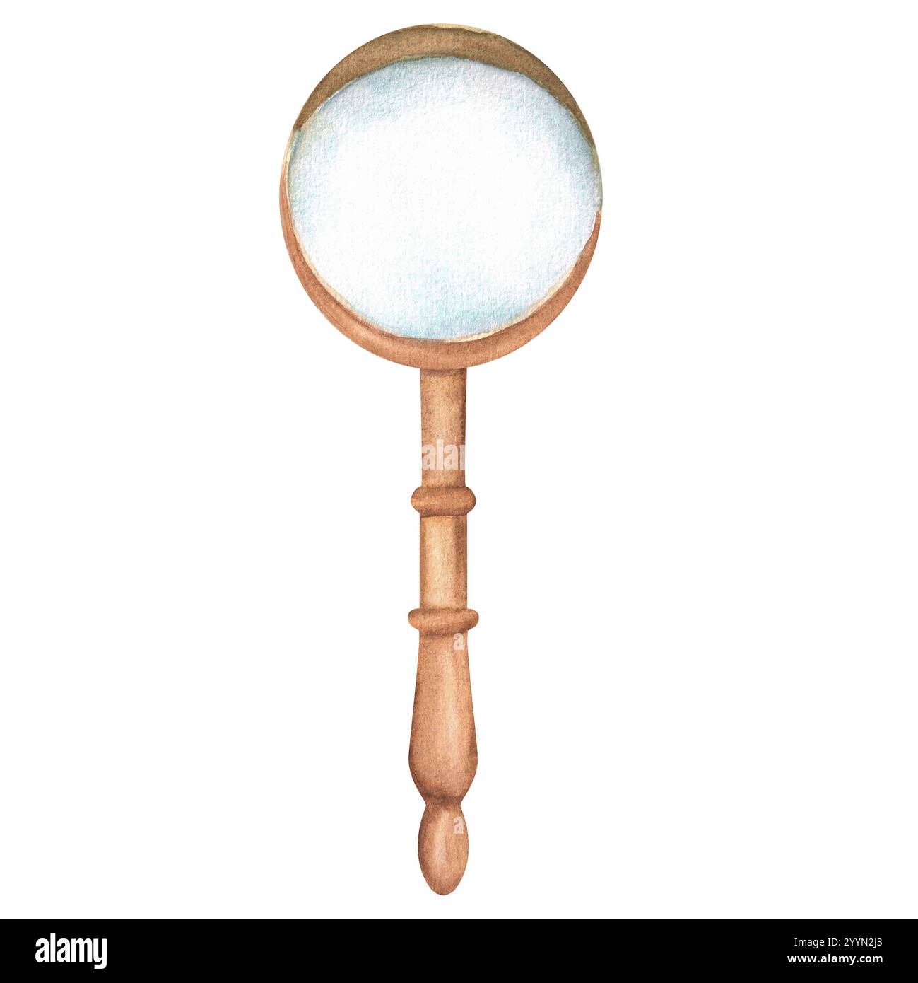 Vintage-Lupe mit Holzgriff. Lesen, lernen, Clipart lernen. Handgezeichnete Aquarellillustration. Stockfoto
