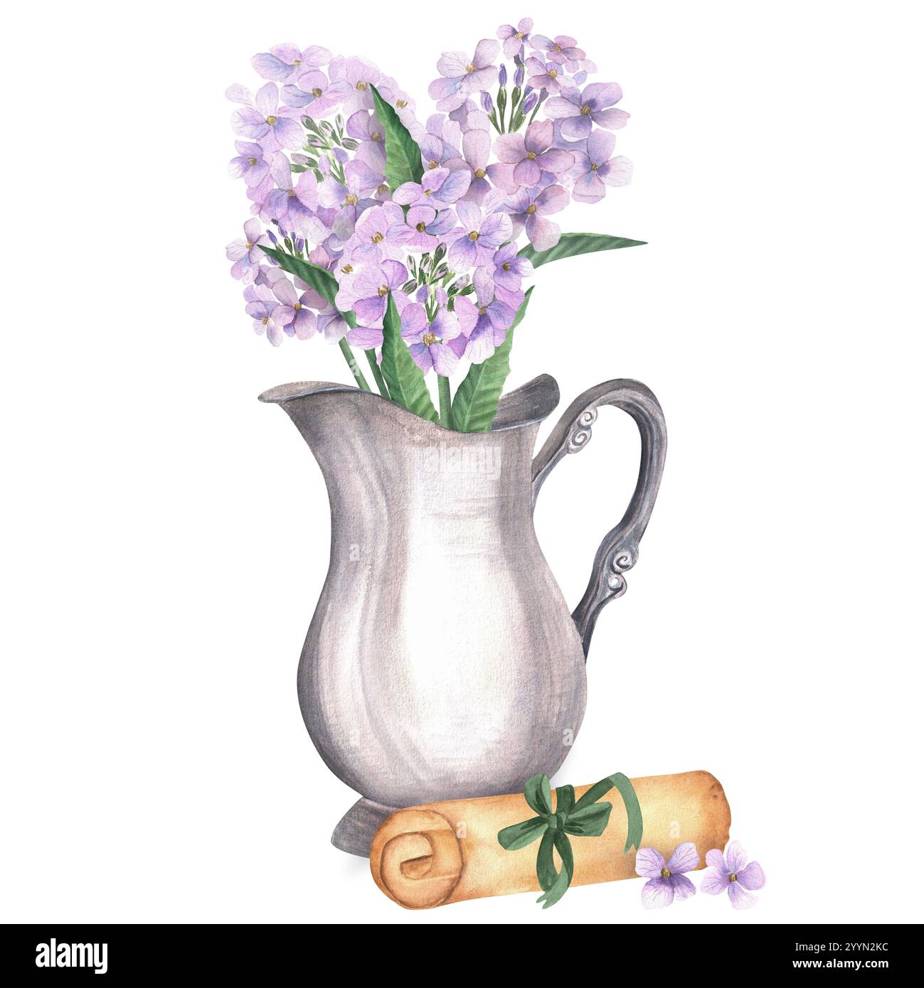 Vintage-Komposition mit Blumenstrauß in einer silbernen Kanne. Hesperis matronalis (die Rakete der Dame, die süße Rakete) Blumen und alte Papierrolle. Handgezeichnet wa Stockfoto