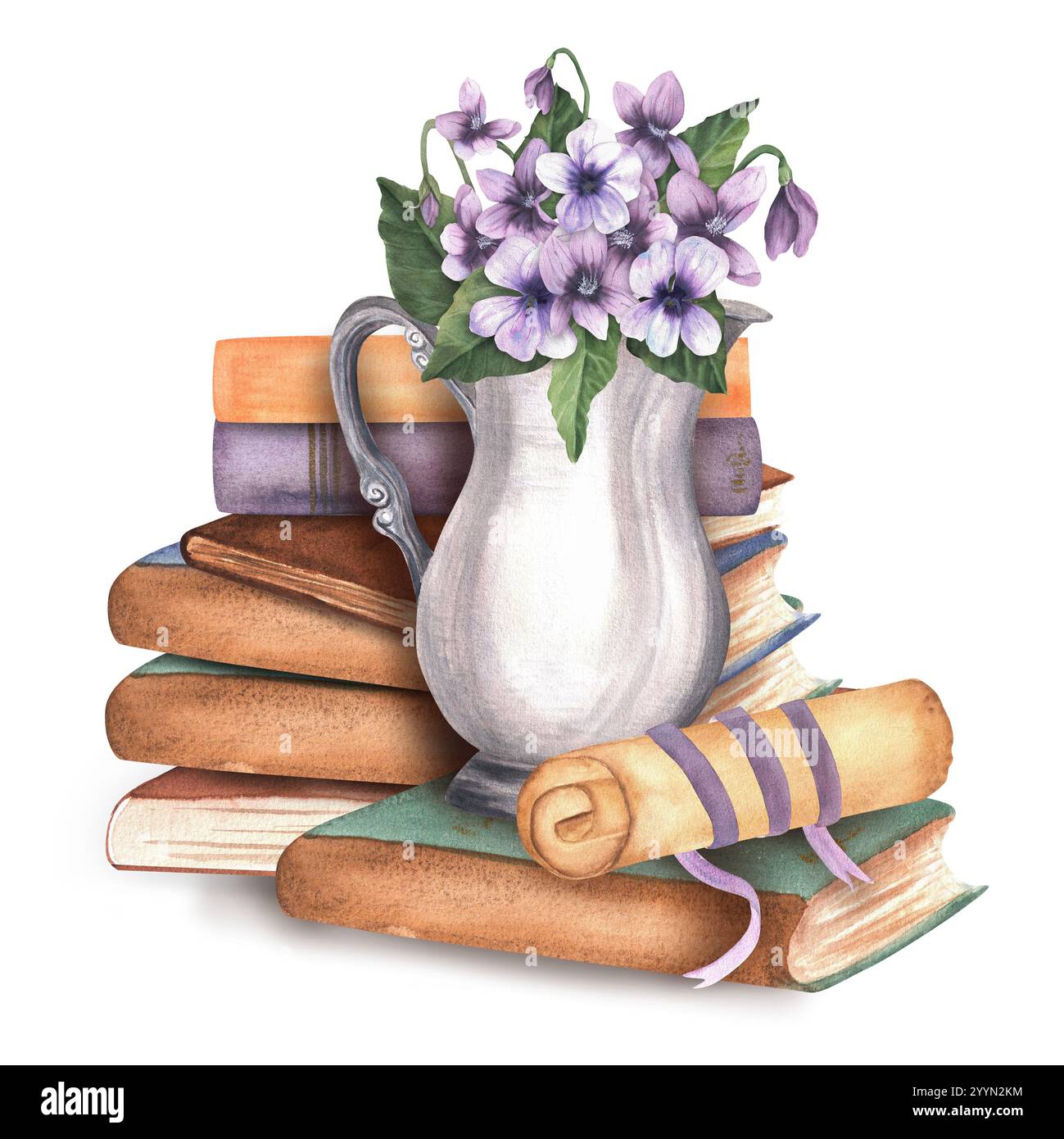 Ein Haufen Bücher, Silberkrug mit Veilchenstrauß und Papierrolle. Clipart. Bibliothek, Buchhandlung, Schule, Universität, handgezeichnetes Aquarell Stockfoto