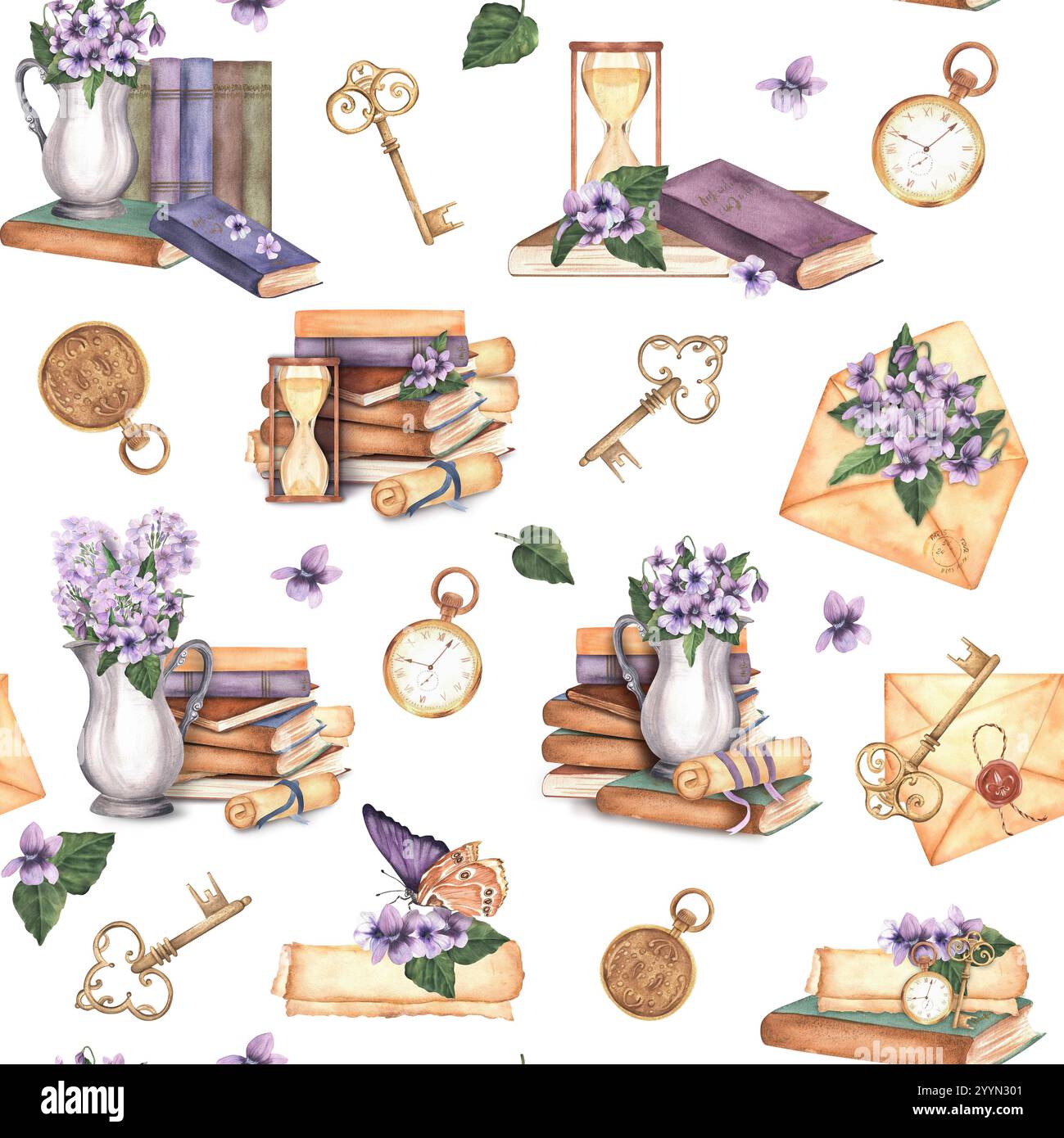 Nahtloses Vintage-Muster mit Büchern, Schlüsseln, Taschenuhr, violetten Blumen, Umschlägen. Handgezeichnete Aquarellillustration Stockfoto