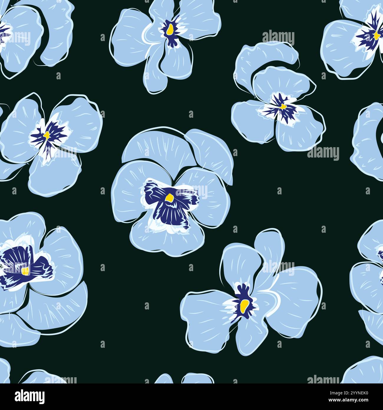 Abstraktes Blumenmuster, Linienzeichnung, Blau, elegantes nahtloses Muster mit dekorativen Stiefmütterchen, abstrakte Stilelemente. Blumenmuster Stock Vektor