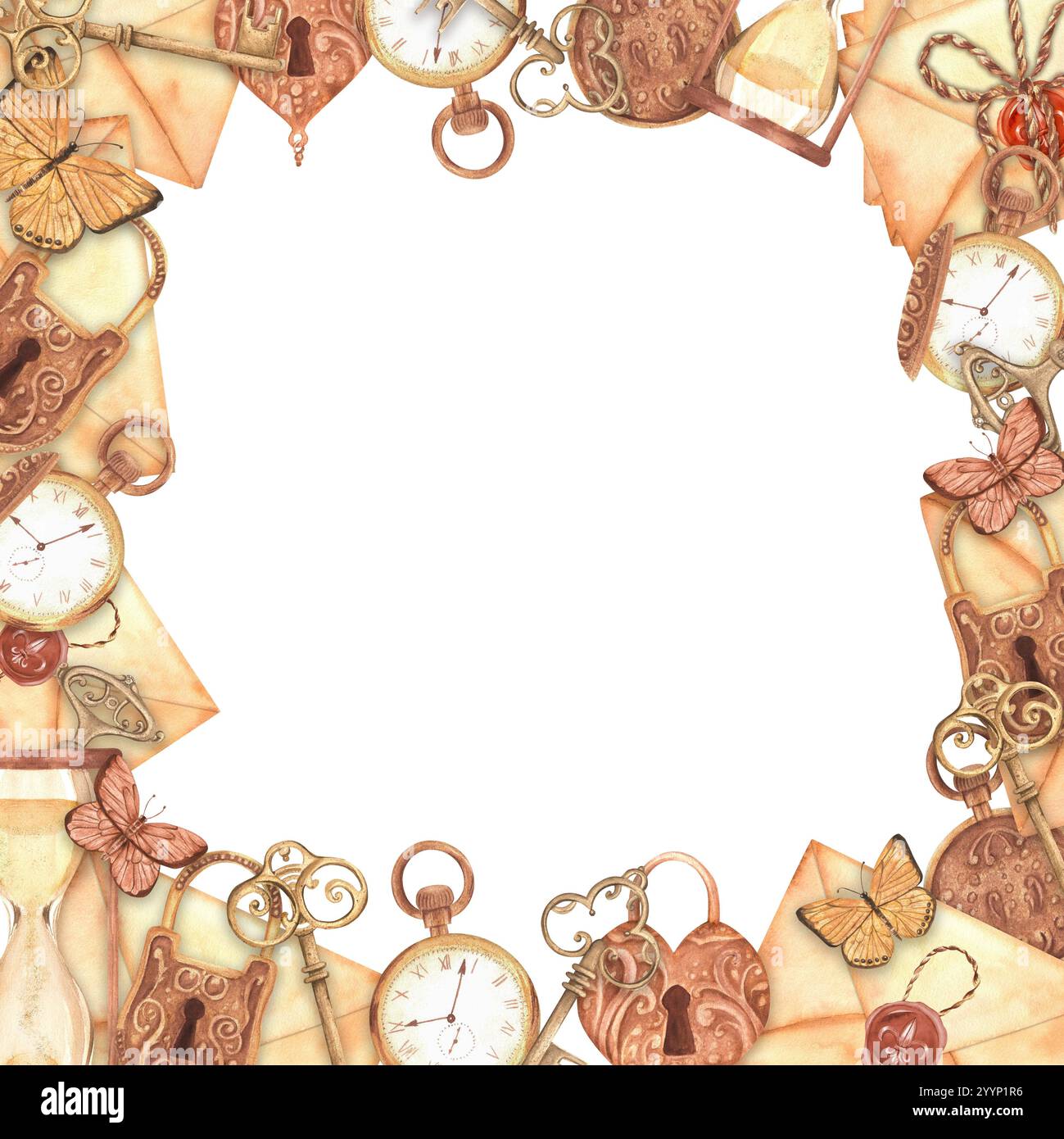Quadratischer Rahmen mit Vintage-Schlüsseln, Vorhängeschlössern, Taschenuhren, Sanduhr, Umschlägen und Schmetterlingen. Handgezeichnete Aquarellillustration. Für Grußkarten Stockfoto