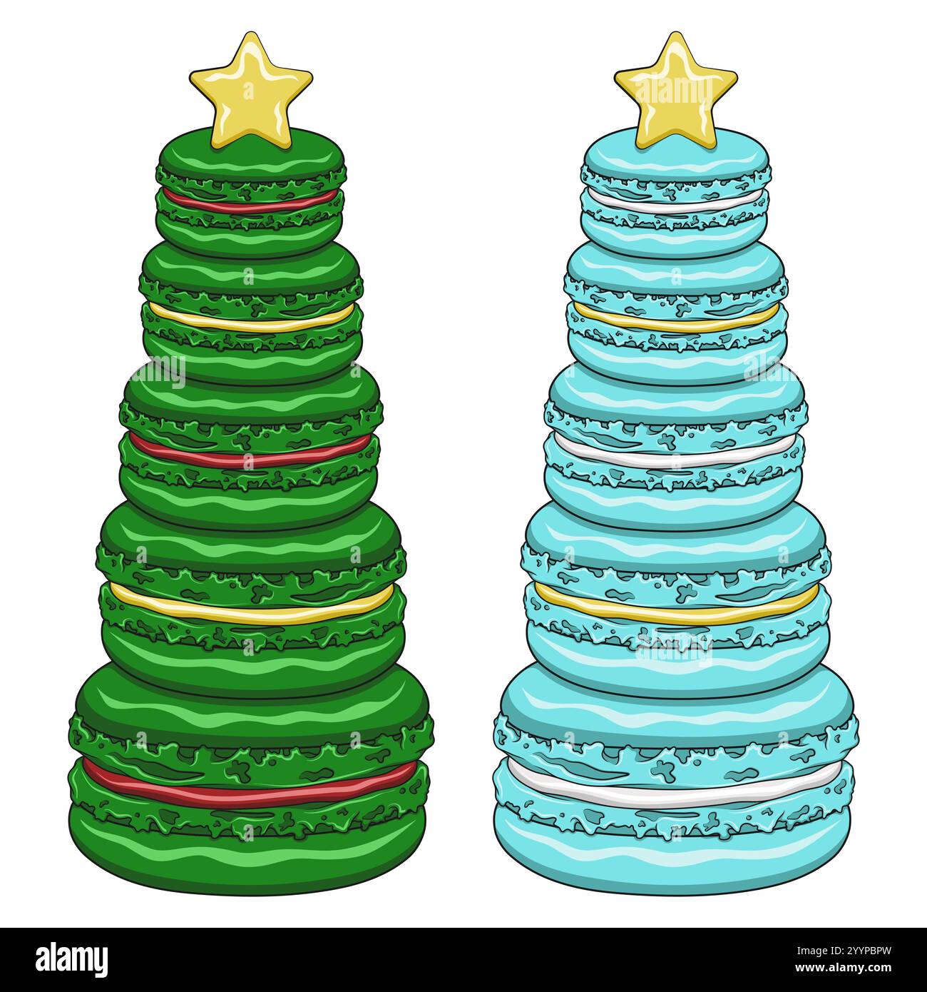 Farbillustrationen mit Weihnachtsbaum aus Dessert-Makronen. Isolierte Vektorobjekte auf weißem Hintergrund. Stock Vektor