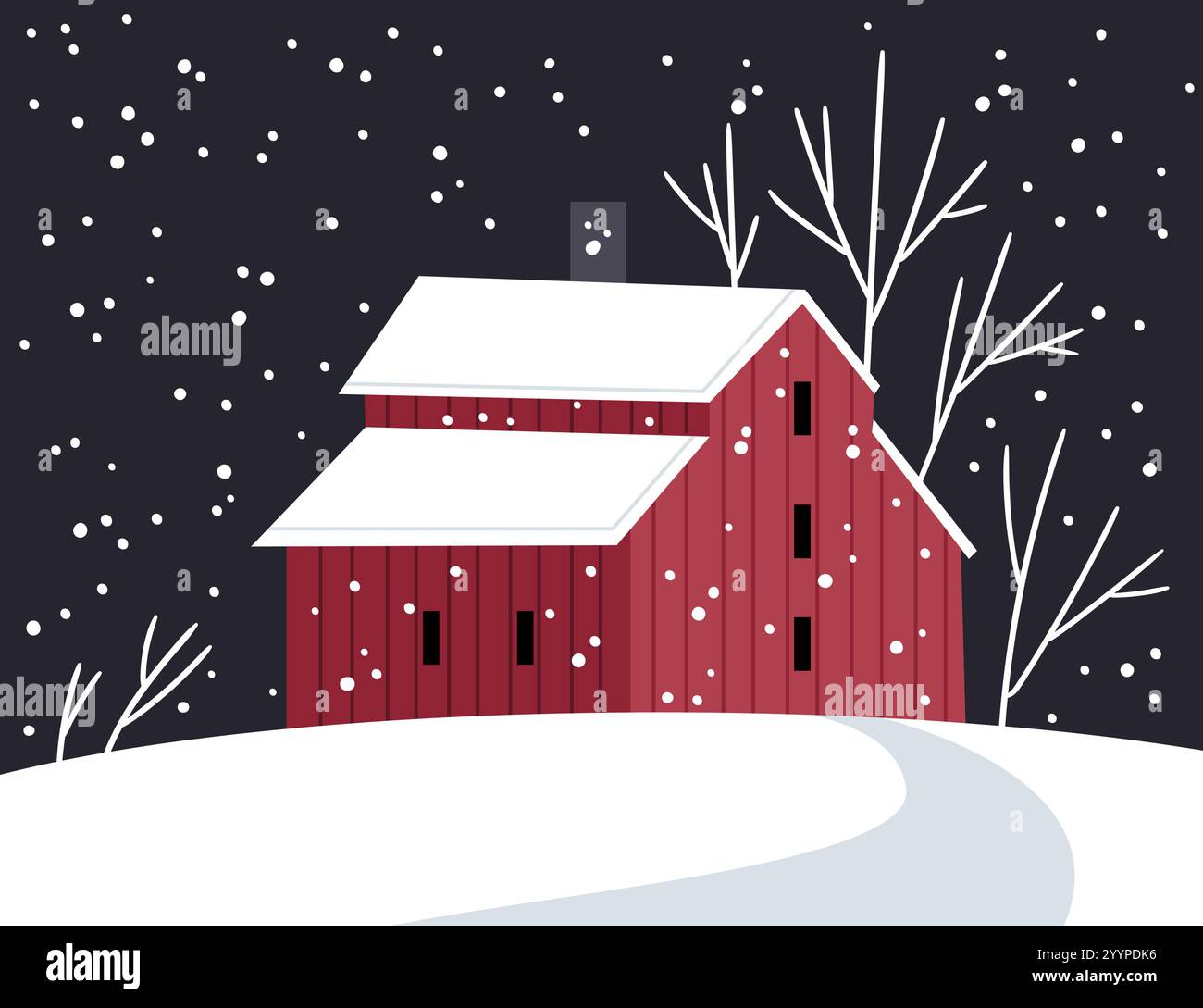 Winterlandschaft mit rotem Bauernhof im skandinavischen Stil. Stock Vektor