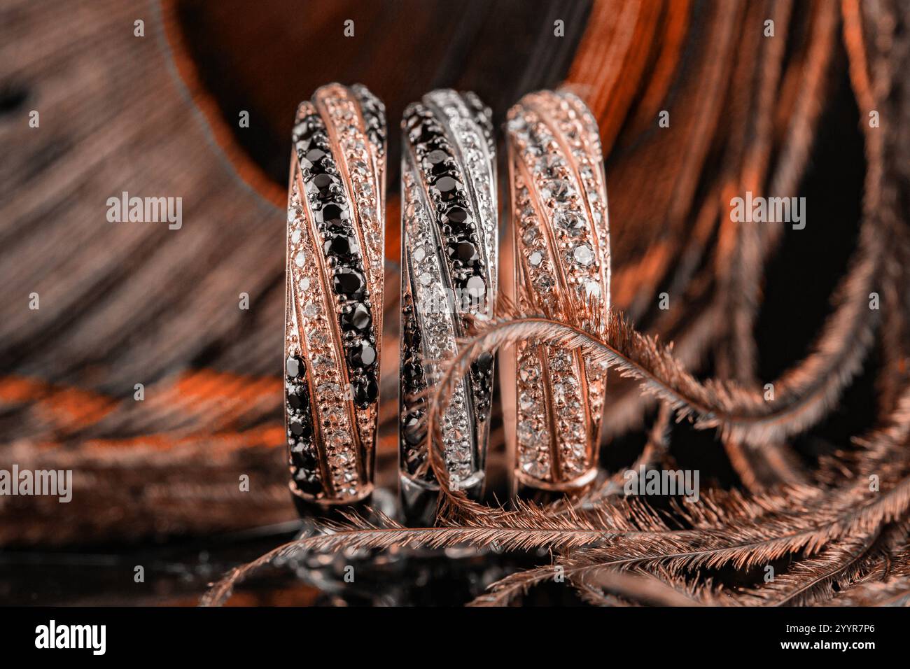 pantone-Ton. Ein Satz mit drei Ringen. Schmuck auf dem Hintergrund von Pfauenfedern. Drei Ringe mit Steinen. Goldene und silberne Eheringe. Stockfoto