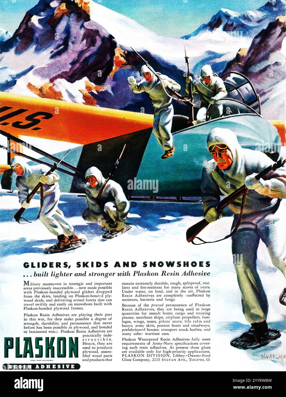 1943 WW2 Plaskon Gleitschirme, Kufen und Schneeschuhe - Plaskon Harzkleber Stockfoto