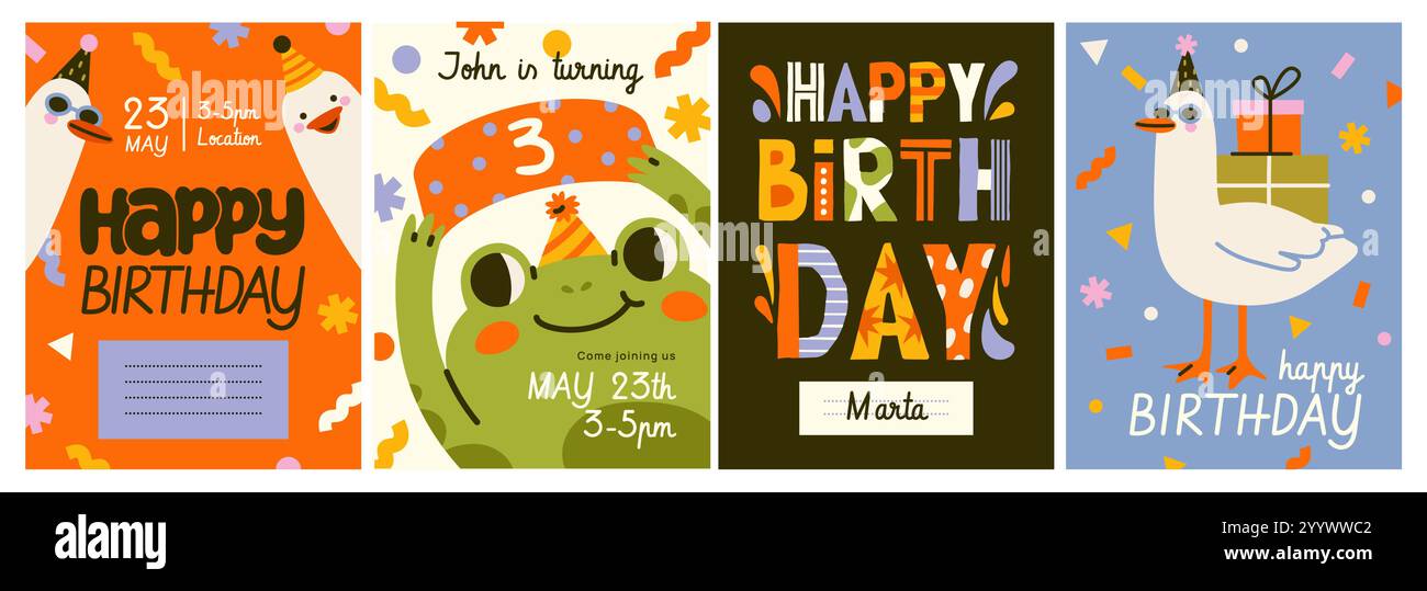 Set mit Happy Birthday Poster. Grußkarten für Kinder mit niedlichen Tieren, Geschenk und Konfetti. Kinderparty-Einladungen für Feiertage. Flach Stock Vektor