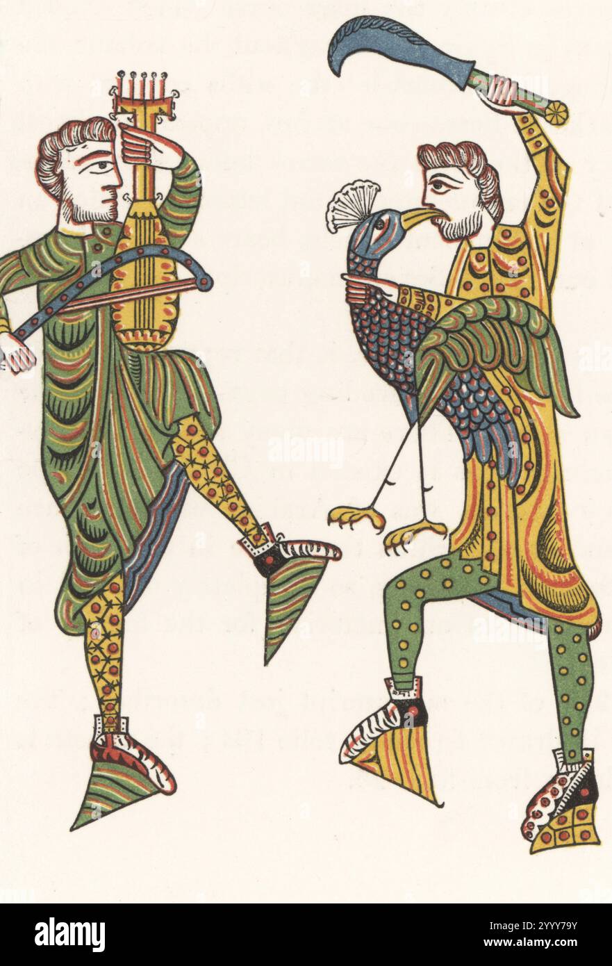 Spanische Musikanten tanzen Ende des 11. Jahrhunderts. Einer spielt eine Geige mit einem Bogen, der andere hält Klinge und Pfauze. Die farbenfrohen Kostüme und Stiefel mit hohem Absatz ähneln denen von Sarazenen oder maurischen Jongleurs. Aus Folio 86 der spanischen Handschrift von Beato de Liebana in der britischen Bibliothek MS Additional 11695. Handkolorierter Holzschnitt von Henry Shaw aus seinen eigenen Kleidern und Dekorationen des Mittelalters vom 7. Bis 17. Jahrhundert, William Pickering, London, 1843. Stockfoto