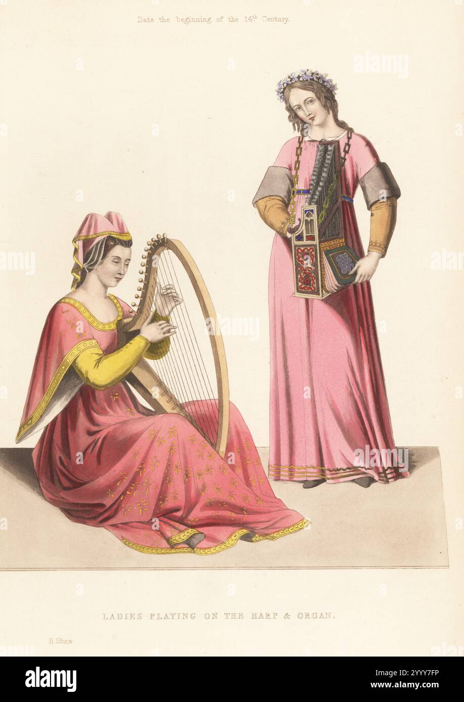 Die Damen von Siena spielen Musik auf Harfe und Orgel, Anfang des 14. Jahrhunderts. Harfenist aus dem Triumph von Petrarch von Andrea Vanni in der Akademie der Bildenden Künste in Siena. Organist mit tragbarer Orgel mit einer Girlande aus einem Gemälde von Domenico Bartoli. Handkolorierter Holzschnitt von Henry Shaw aus seinen eigenen Kleidern und Dekorationen des Mittelalters vom 7. Bis 17. Jahrhundert, William Pickering, London, 1843. Stockfoto