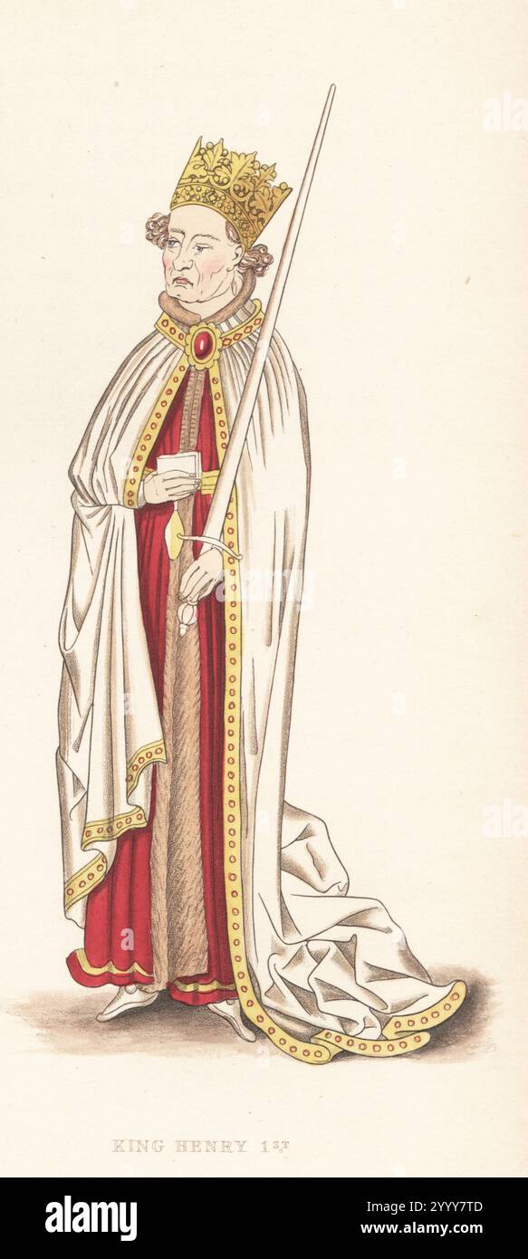 König Heinrich IV., 1367-1413. Mit Krone, langem Mantel mit Juweliersaum, mit Pelz gefüttertem Kleid, mit Schwert. Aus einer Manuskriptchronik der Könige von England, die John Lidgate zugeschrieben wurde, der British Library MS Cotton Julius E.IV. Handkolorierter Holzschnitt von Henry Shaw aus seinen eigenen Kleidern und Dekorationen des Mittelalters vom 7. Bis 17. Jahrhundert, William Pickering, London, 1843. Stockfoto