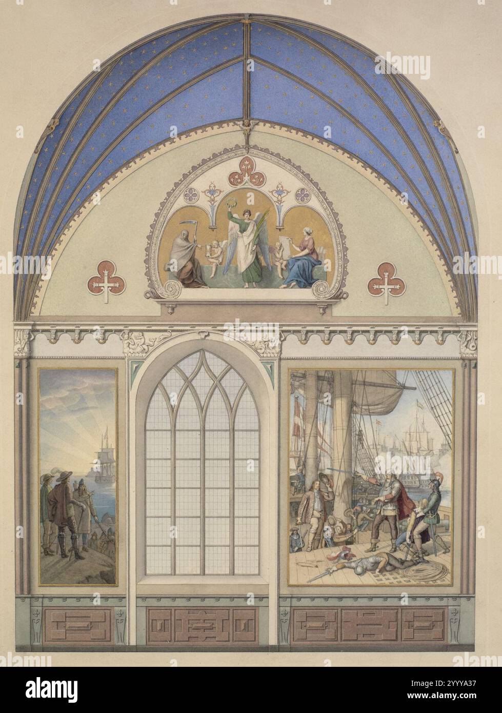 Heinrich Eddelien, Udkast til hvælvingens dekoration i Christian IV. kapel i Roskilde Domkirke Udsmykning th med Chr. IV på Trefoldigheden, 1845, Stockfoto