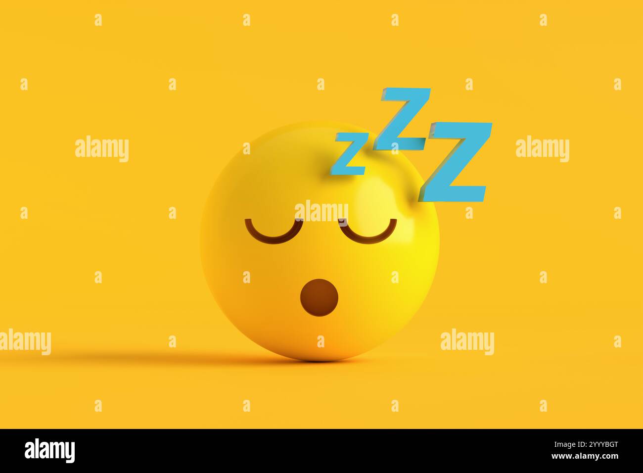 Schlafendes und gähnendes Emoji mit geschlossenen Augen auf gelbem Hintergrund. 3D-Rendering. Stockfoto