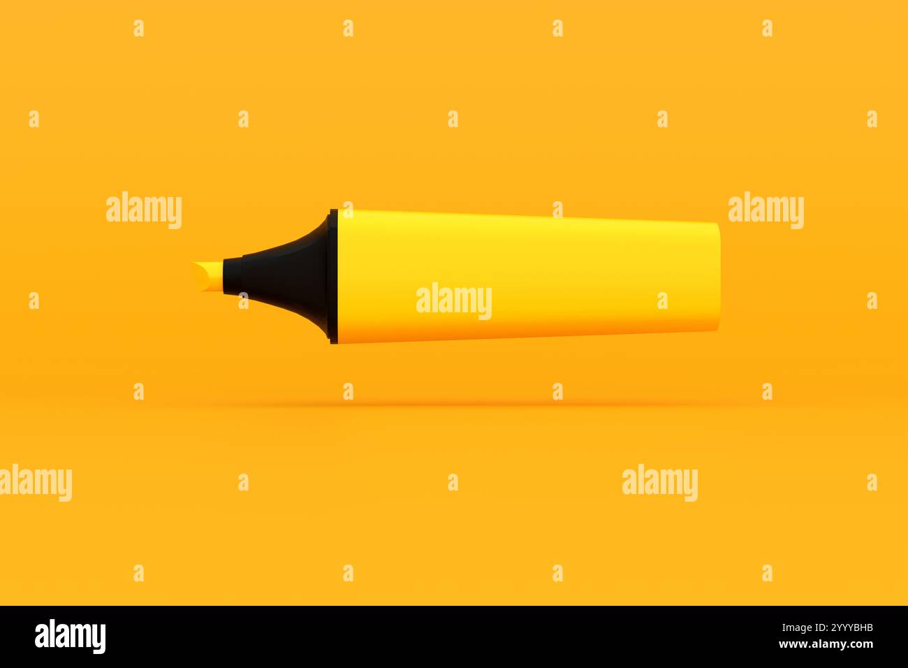 Gelber Textmarker, der auf gelbem Hintergrund schwebt, sorgt für ein einfaches, aber lebendiges Bild. 3D-Rendering. Stockfoto