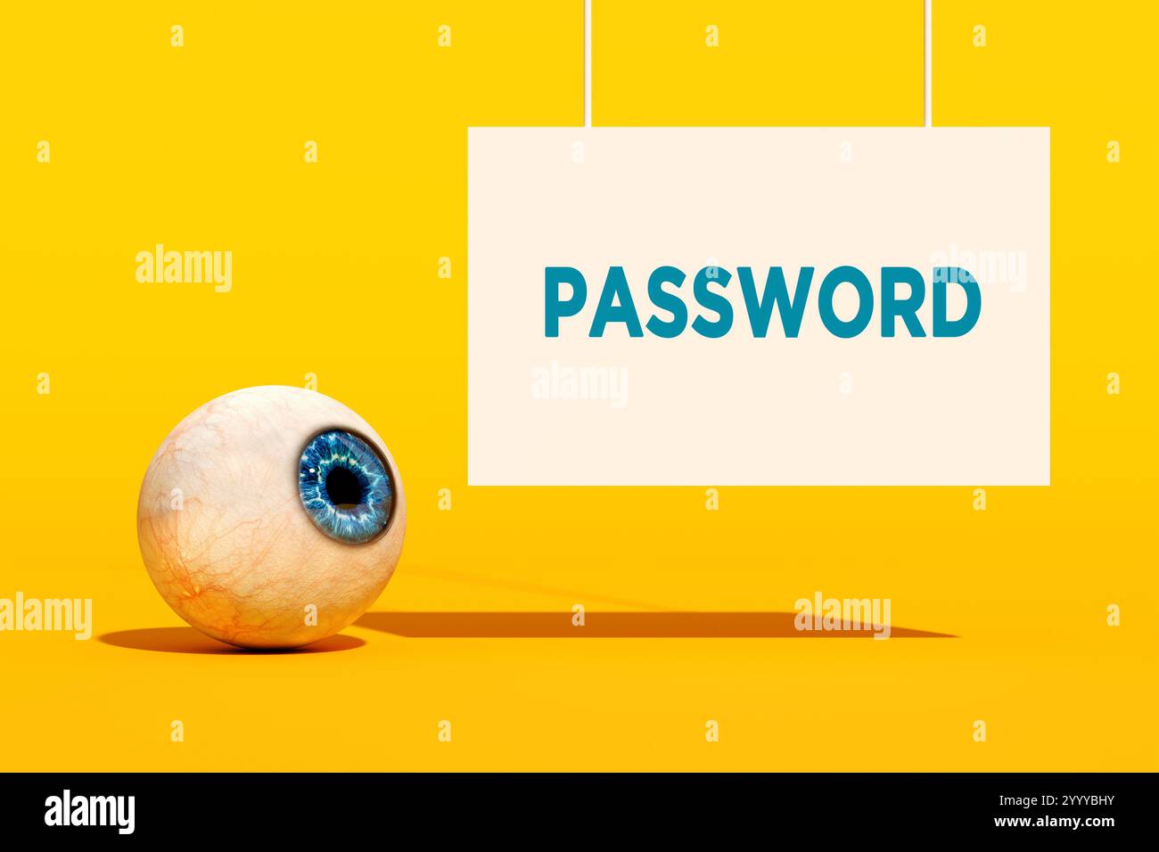 Sicherer Internetzugang und Sicherheit persönlicher Daten. 3D-Abbildung eines menschlichen Auges, der auf ein Schild mit dem Wort Password schaut Stockfoto