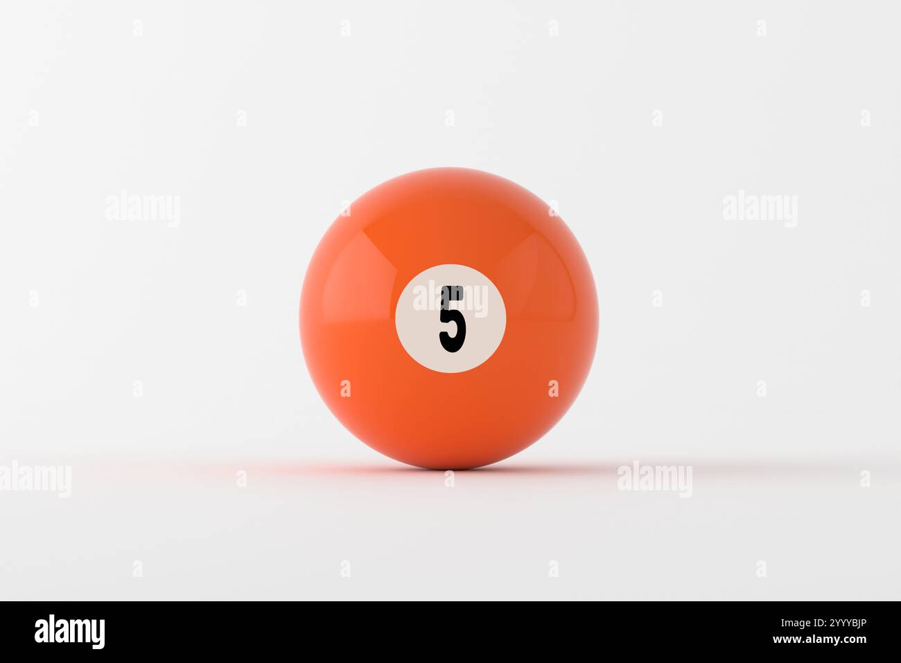 Eine durchgehende orangene Poolkugel mit der Nummer fünf auf weißem Hintergrund, die das Billardspiel darstellt. 3D-Rendering. Stockfoto