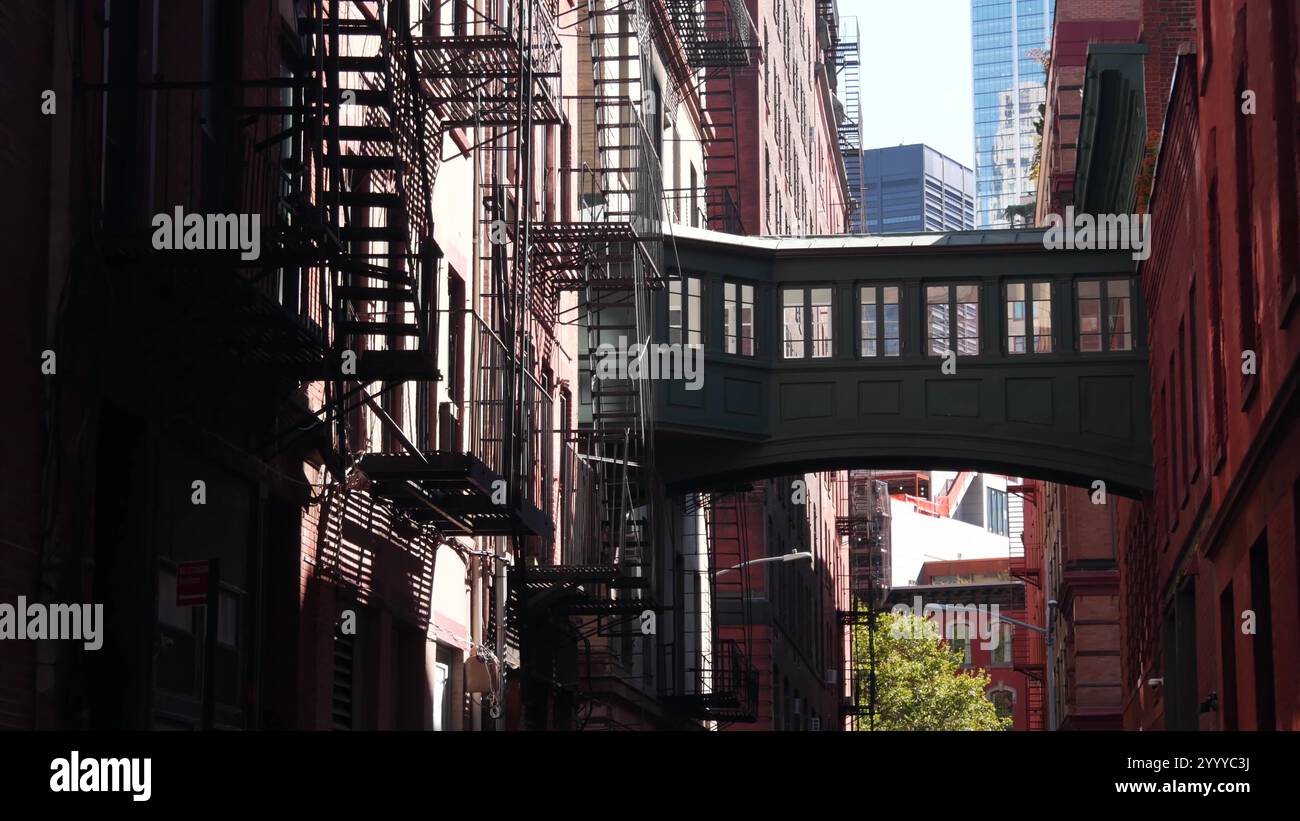 New York City Staple Street Skybridge. Alte Retro-Industriebauweise, rotes Backsteingebäude. Amerikanische alte, historische cooper erhöhte Himmelbrücke Manhattan Wahrzeichen, USA. Fluchtleiter. Stockfoto