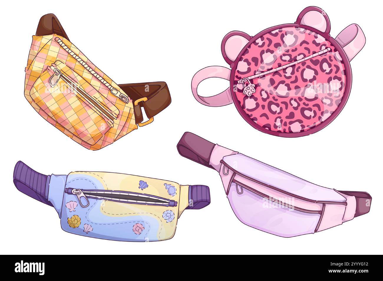 Fanny Pack-Kollektion mit verschiedenen Designs – karierte Hüfttasche, niedliche runde Tasche mit Leopardenmuster und Ohren, Gürteltasche mit Meereselementen und minimalistischer pinkfarbener Sporttasche. Lässiges modisches Accessoire. Stock Vektor