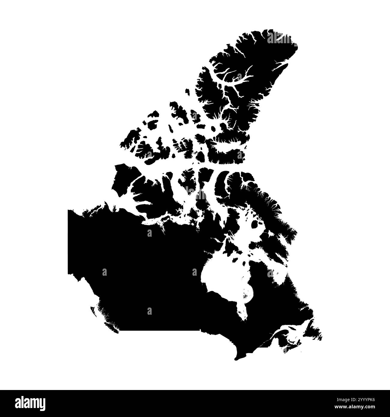 Kanada hohe detaillierte Vektordarstellung der Ländersilhouette in massivem Schwarz auf weißem Hintergrund. Für pädagogische, dekorative oder informative Zwecke zur Darstellung der nationalen Umrisse. Stock Vektor