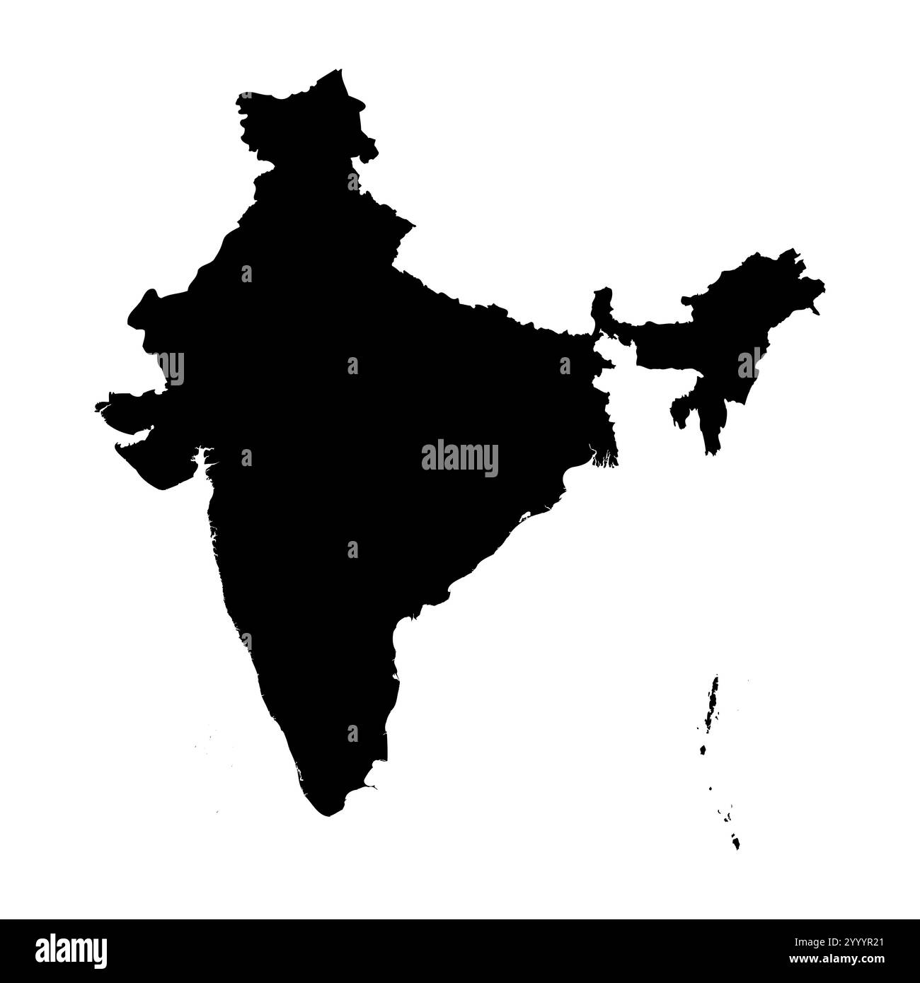 Indien hohe detaillierte Vektordarstellung der Landessilhouette in massivem Schwarz auf weißem Hintergrund. Für pädagogische, dekorative oder informative Zwecke zur Darstellung der nationalen Umrisse. Stock Vektor