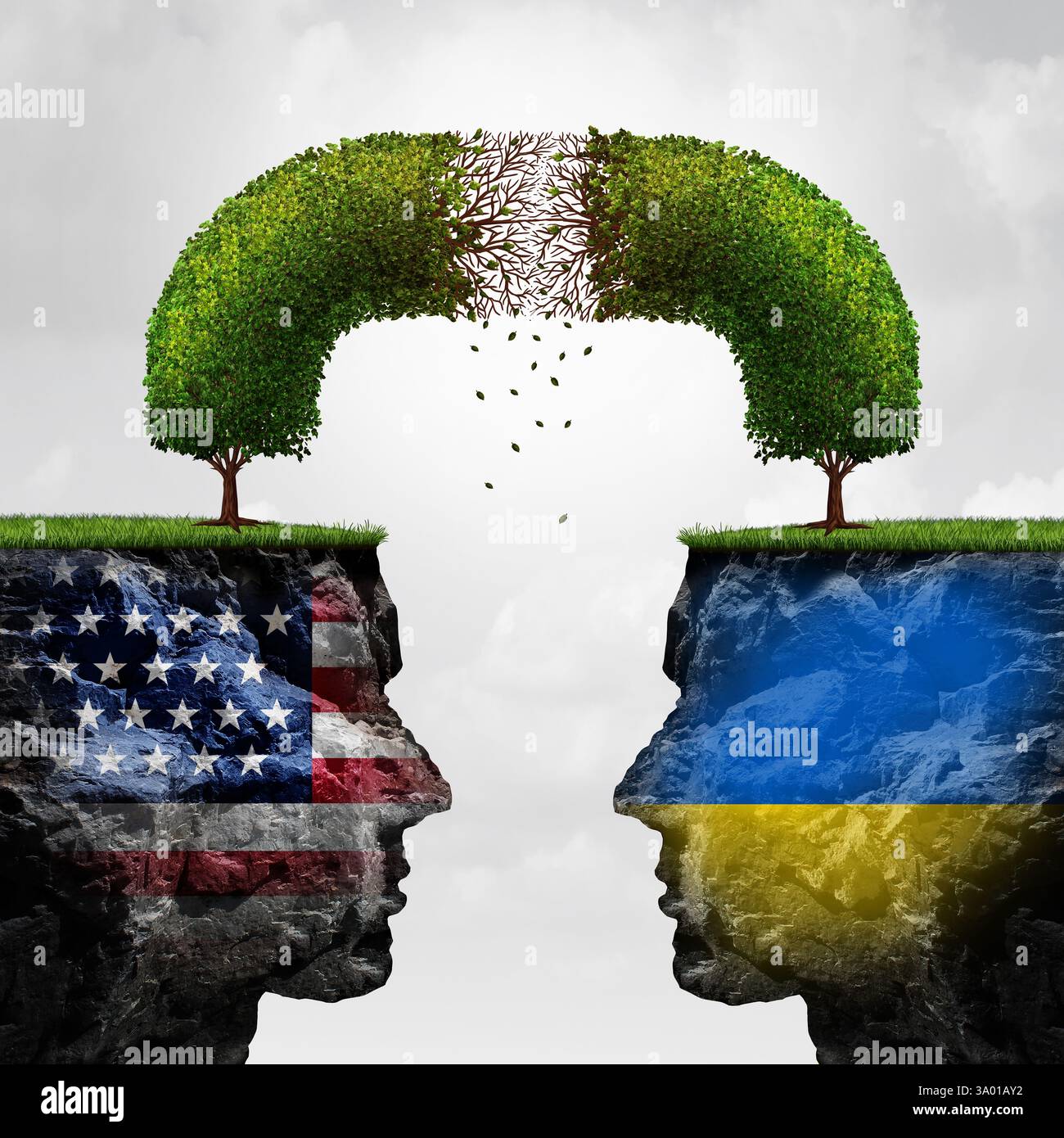 Ukraine das Beziehungsproblem der Vereinigten Staaten als Symbol der politischen Krise in der Ukraine und den USA als ein entwürdigender verbundener Baum, der das scheiternde Diplo repräsentiert Stockfoto