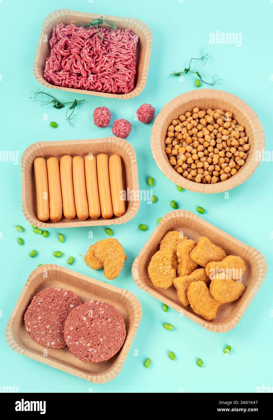 Auswahl an pflanzlichem Fleisch. Vegetarische Alternative Fleischprodukte auf Pflanzenbasis Stockfoto