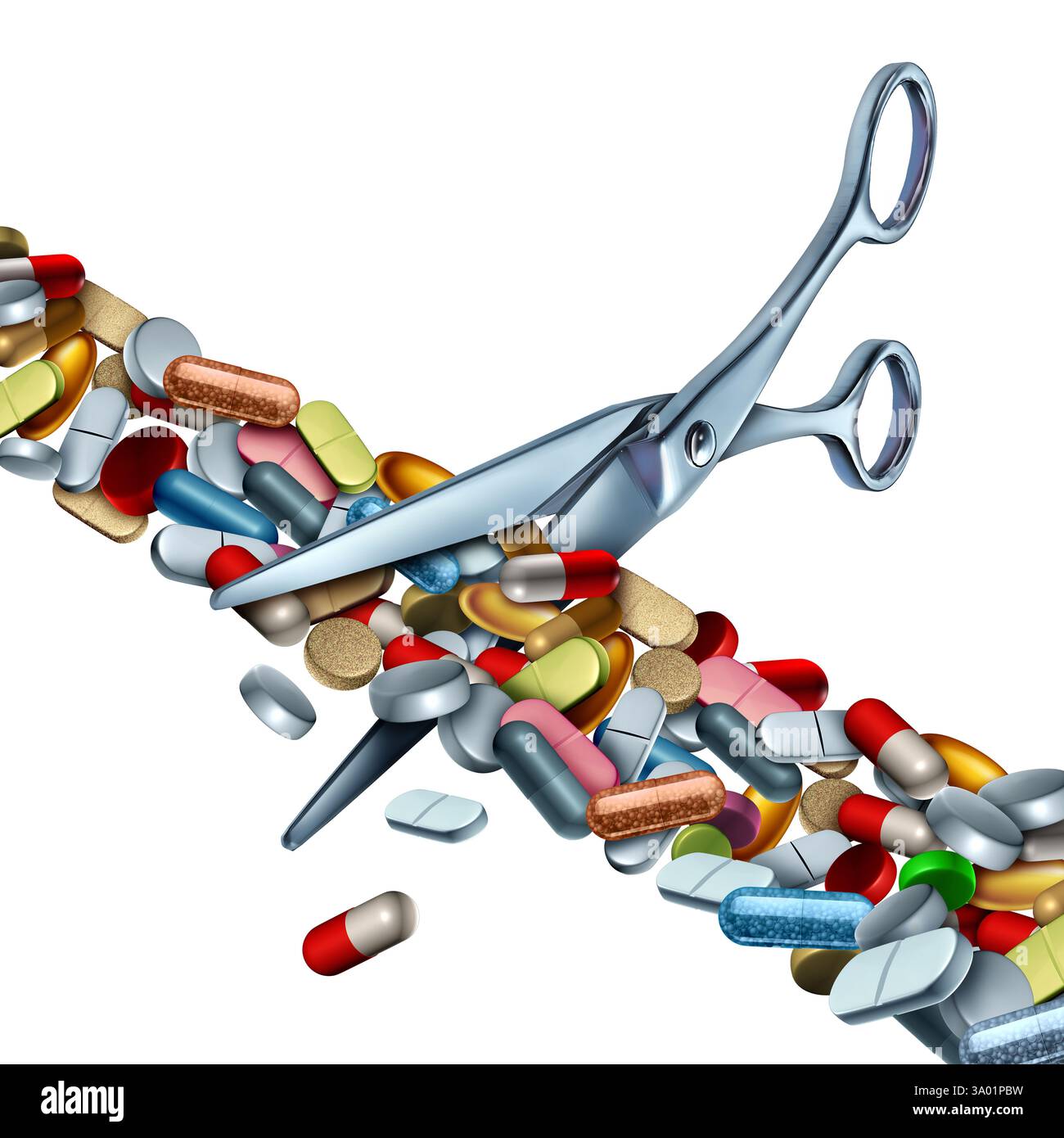 Kürzungen der Krankenversicherung und Kürzungen des medizinischen Budgets und Kürzungen der staatlich finanzierten Krankenversicherung als ein Programm, das medizinische Versorgung als Heilmittel bietet Stockfoto