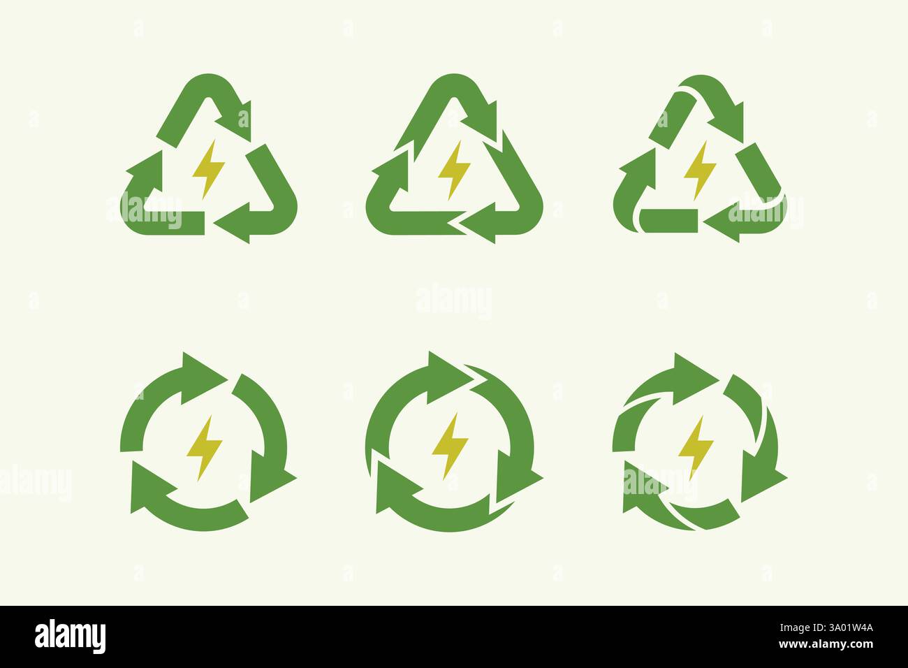 Das Bild zeigt verschiedene Recycling-Symbole, die jeweils einen Blitzschlag enthalten und nachhaltige Energiepraktiken und Kreislaufwirtschaftsmodelle fördern. Stock Vektor