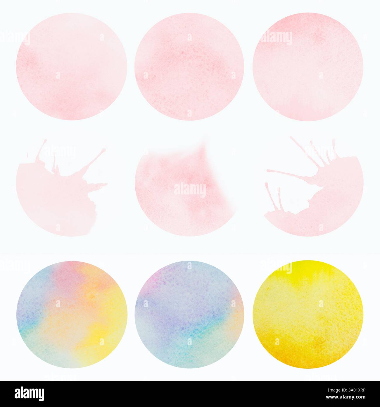 Helle Aquarellmalerei aus rosa blauem Gelb, Pinselstrichtinte, Spritzfleckenkreis, abstrakter Hintergrund. Stockfoto
