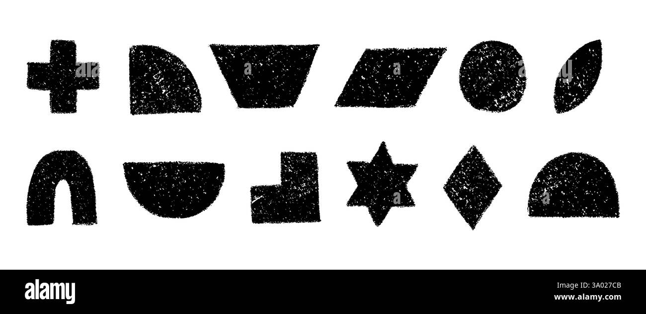 Set aus schwarz-weißen geometrischen Figuren, handgezeichnet mit Buntstift. Schwarze Bleistift- oder Kohlesilhouetten strukturierter primitiver Elemente. Vektorgrafik e Stock Vektor
