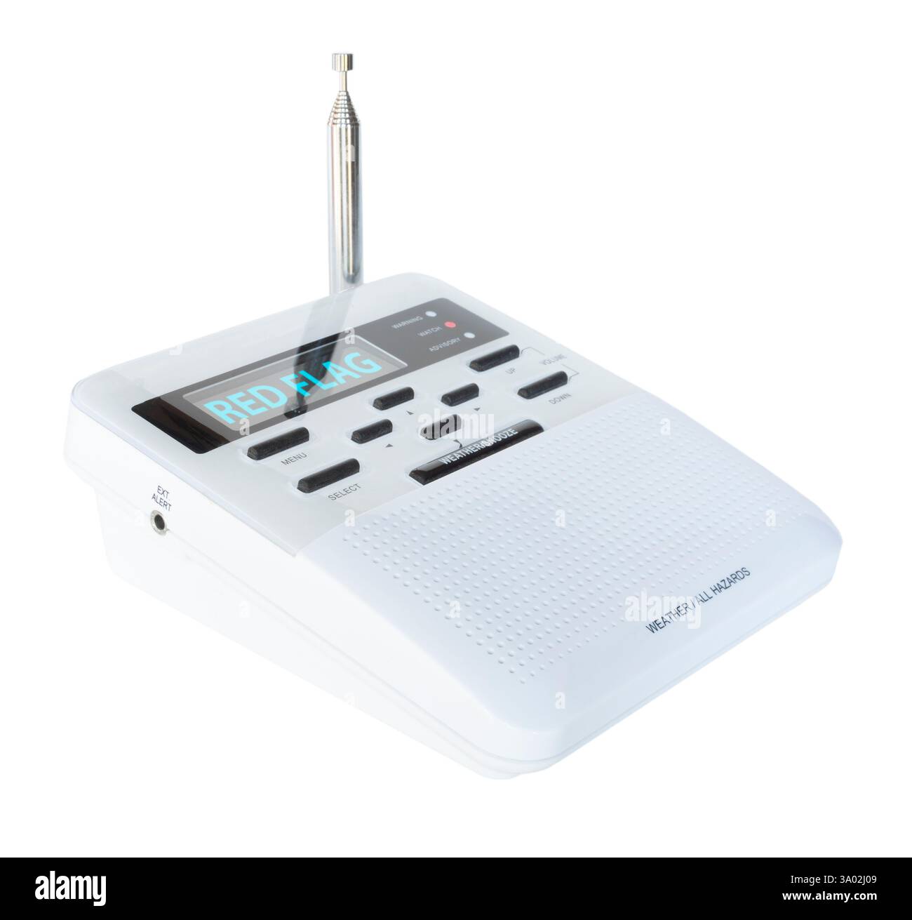 Rote Warnmeldung, die von einem Funkgerät für Gefahren und Wetter ausgegeben und empfangen wurde, das die Bedrohung in der Nähe auf seinem Bildschirm anzeigt. Stockfoto