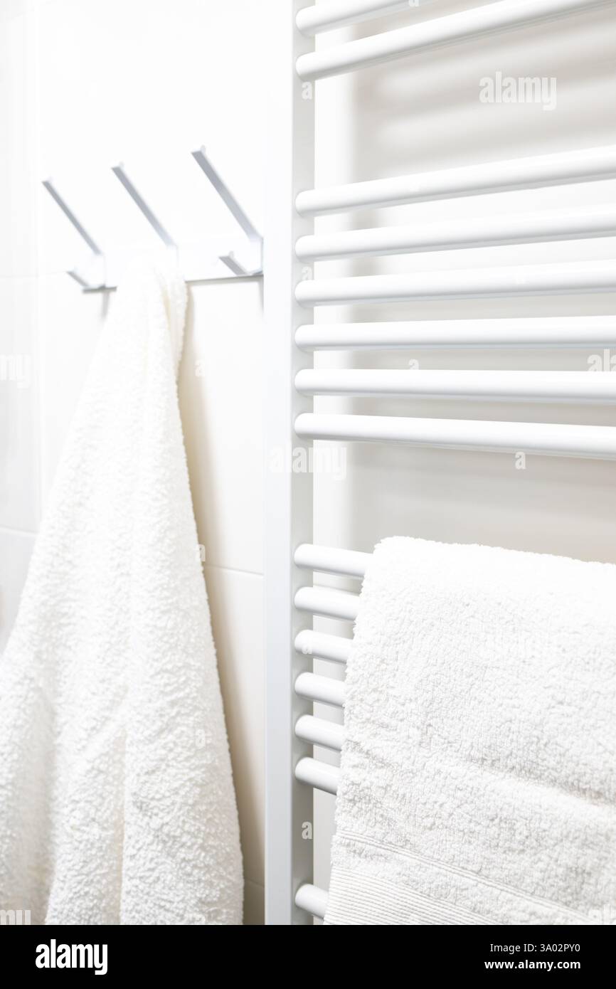 Modernes weißes Badezimmer mit Handtuchhalter und Haken. Stockfoto